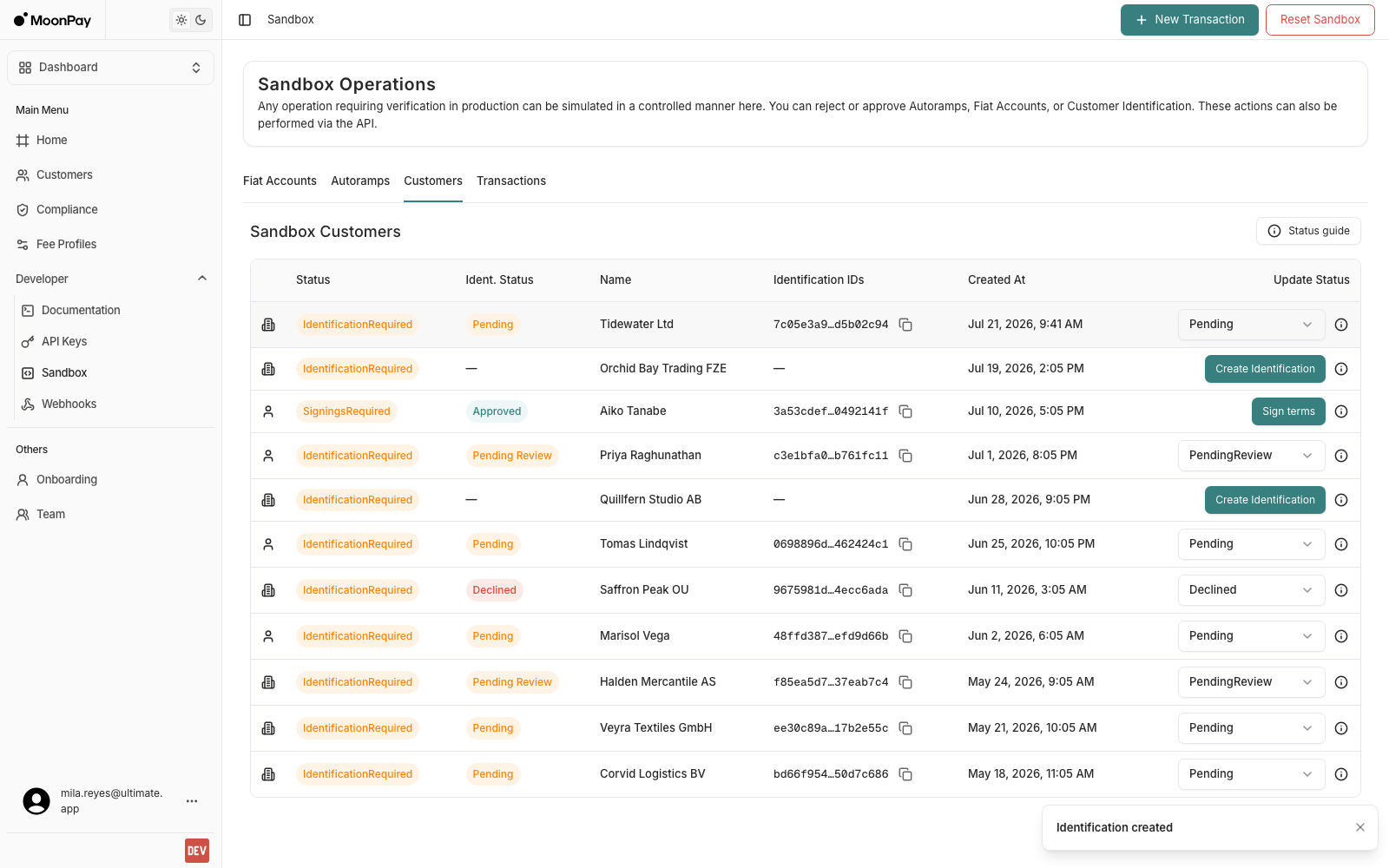 Sandbox Customers tab listing customers with their status, identification status, and either an Update Status dropdown or a Create Identification button