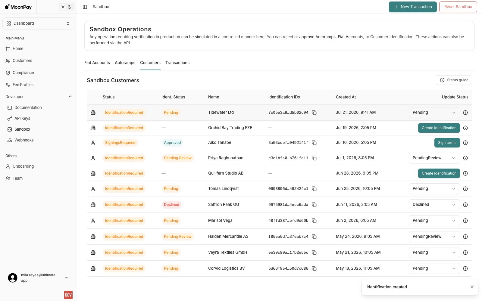 Sandbox Customers tab listing customers with their status, identification status, and either an Update Status dropdown or a Create Identification button