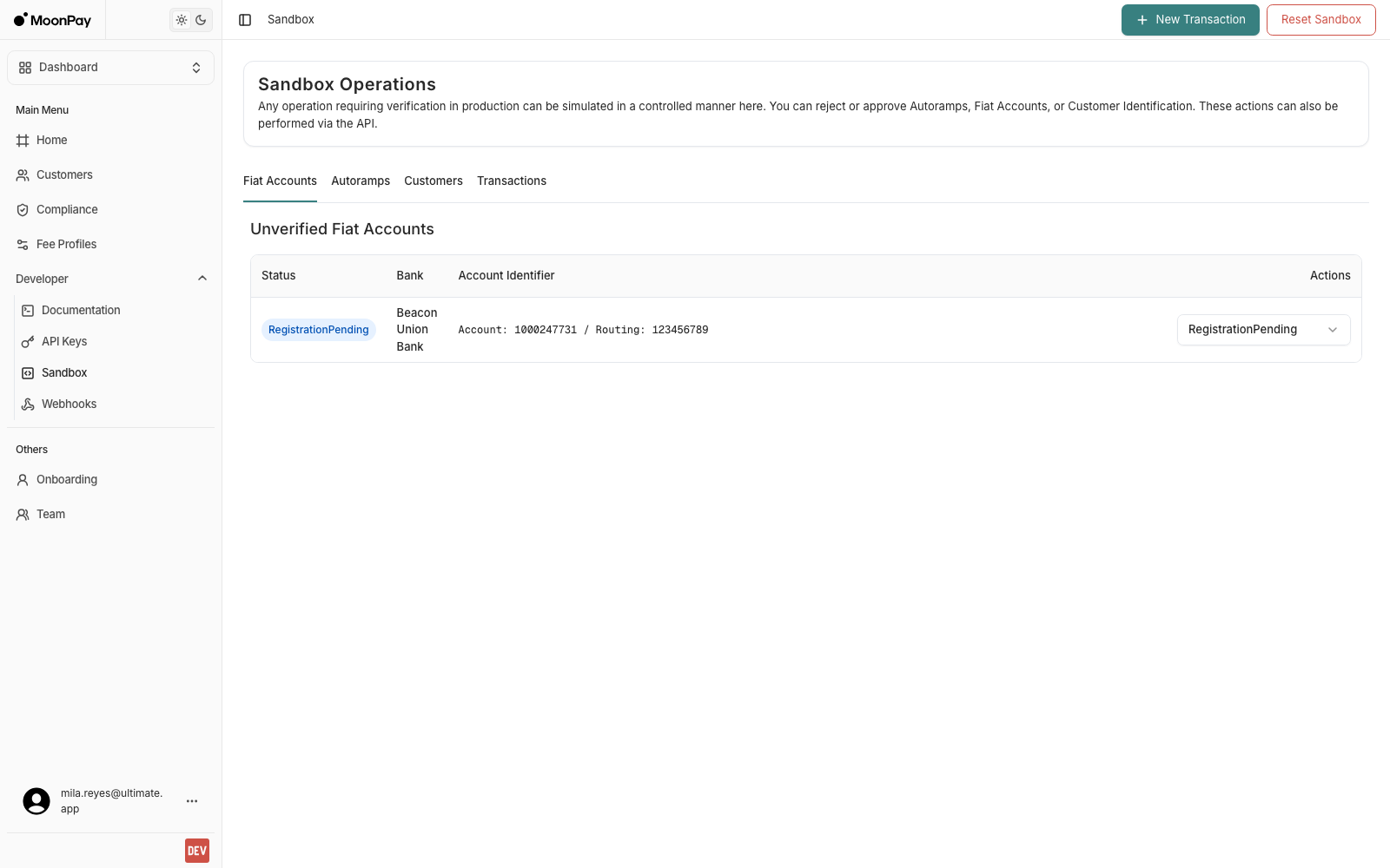 Sandbox page on the Fiat Accounts tab, listing one unverified account, with New Transaction and Reset Sandbox buttons in the header