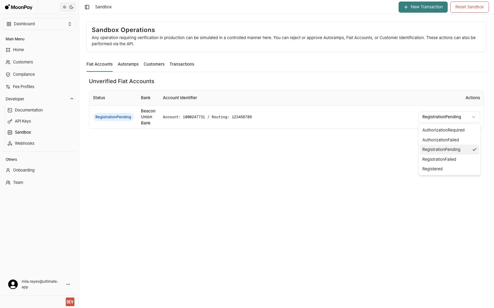 Status dropdown open on an unverified fiat account, listing AuthorizationRequired, AuthorizationFailed, RegistrationPending, RegistrationFailed and Registered