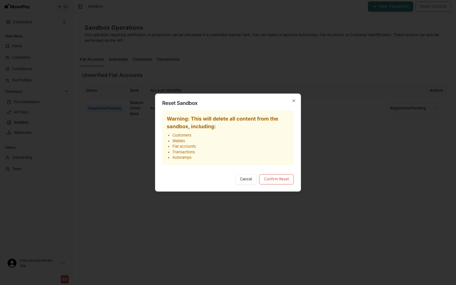 Reset Sandbox confirmation dialog warning that customers, wallets, fiat accounts, transactions and autoramps will be deleted