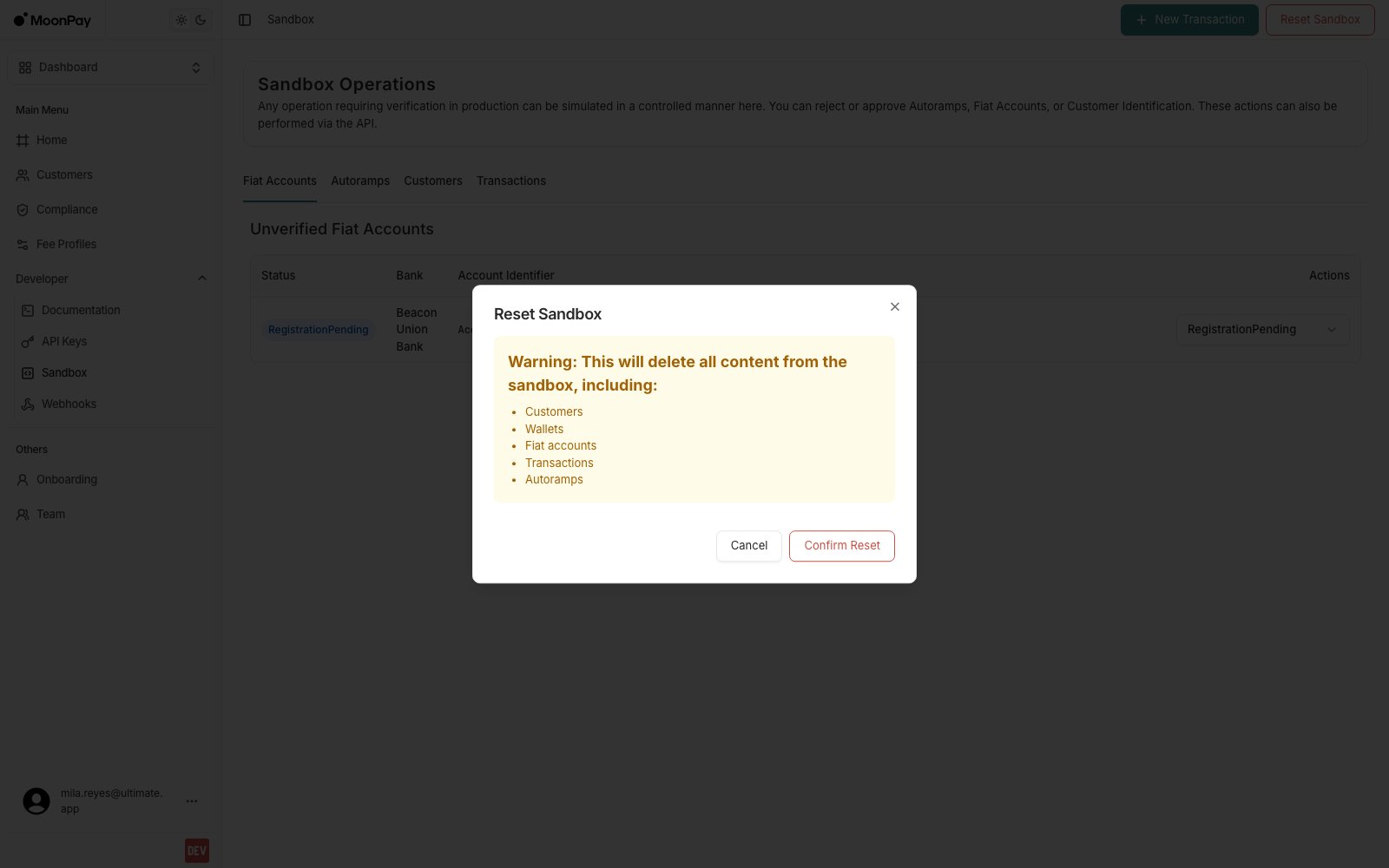 Reset Sandbox confirmation dialog warning that customers, wallets, fiat accounts, transactions and autoramps will be deleted