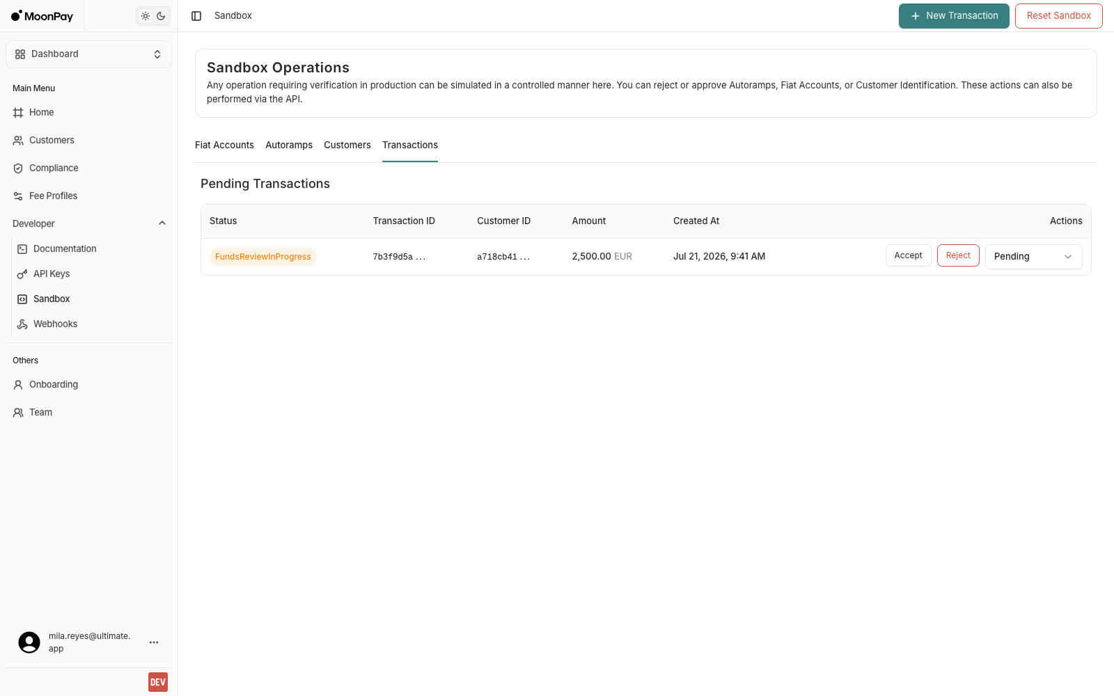 Pending Transactions table listing a transaction in FundsReviewInProgress with Accept, Reject and a state dropdown