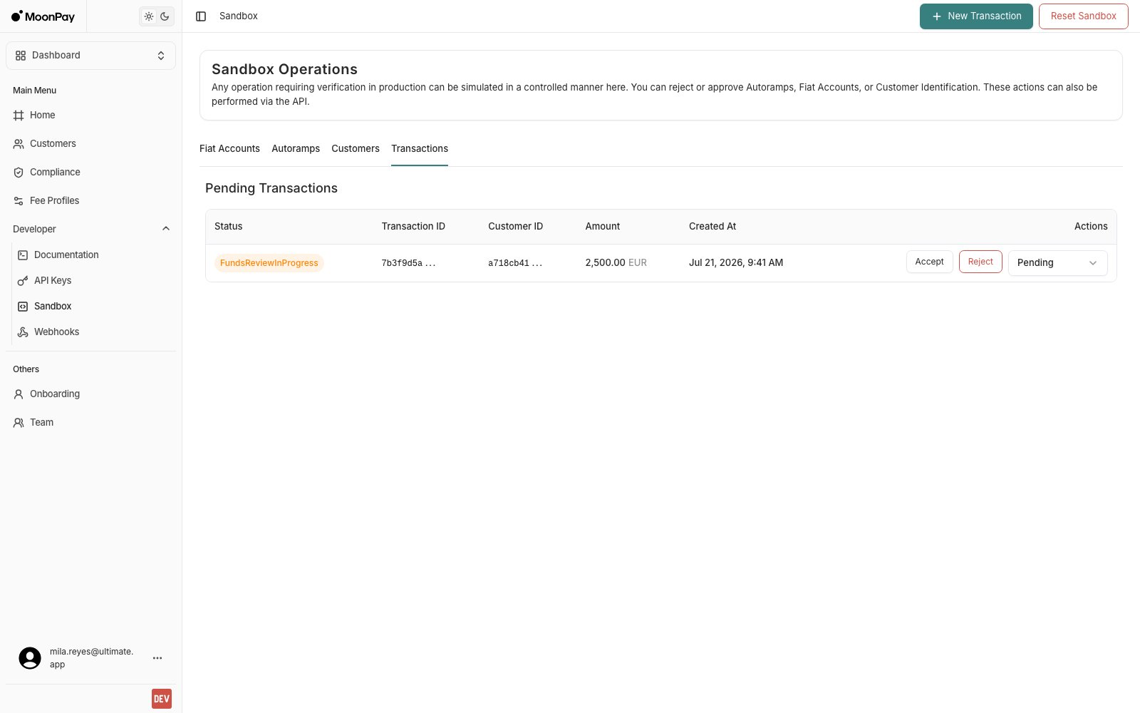Pending Transactions table listing a transaction in FundsReviewInProgress with Accept, Reject and a state dropdown