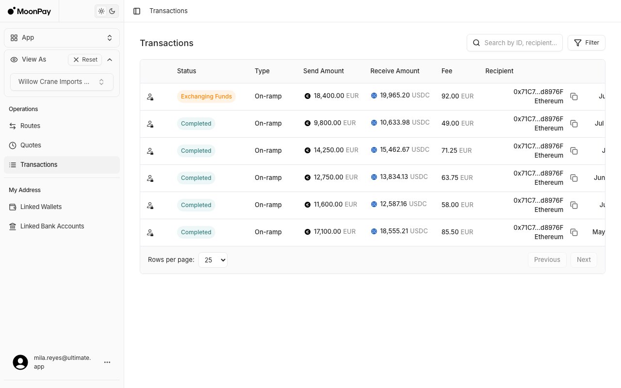 Transactions table with status, type, send and receive amounts, fee and recipient columns