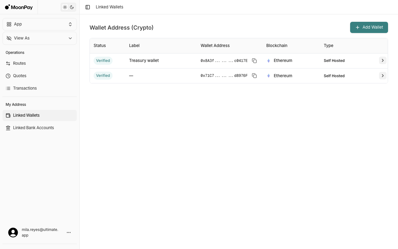 Linked Wallets list with verified status, label, wallet address, blockchain and type columns