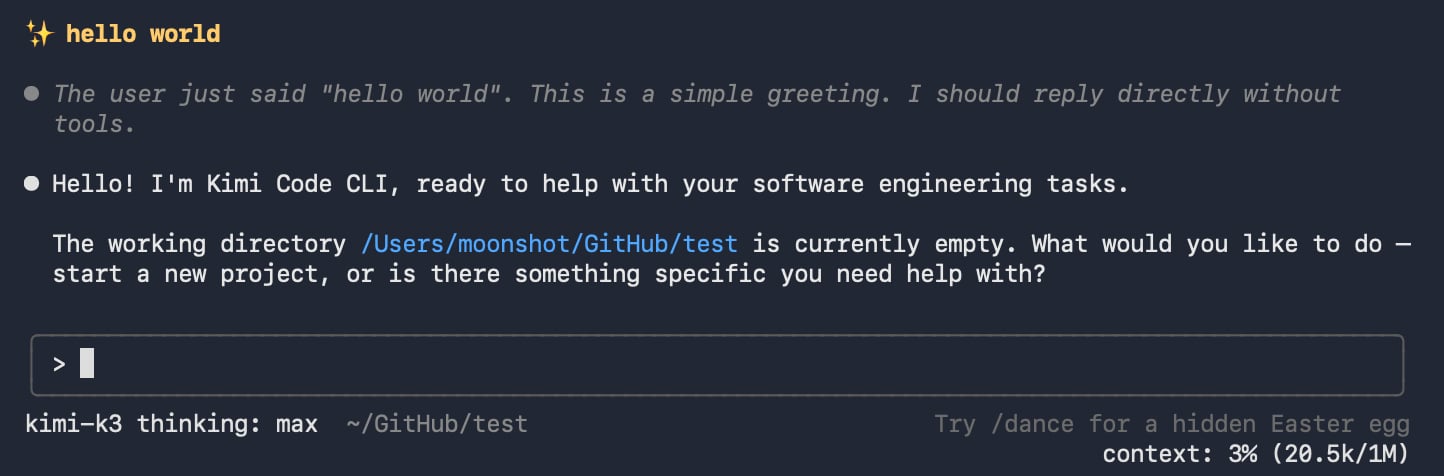 Kimi Code CLI responding through Kimi API Platform