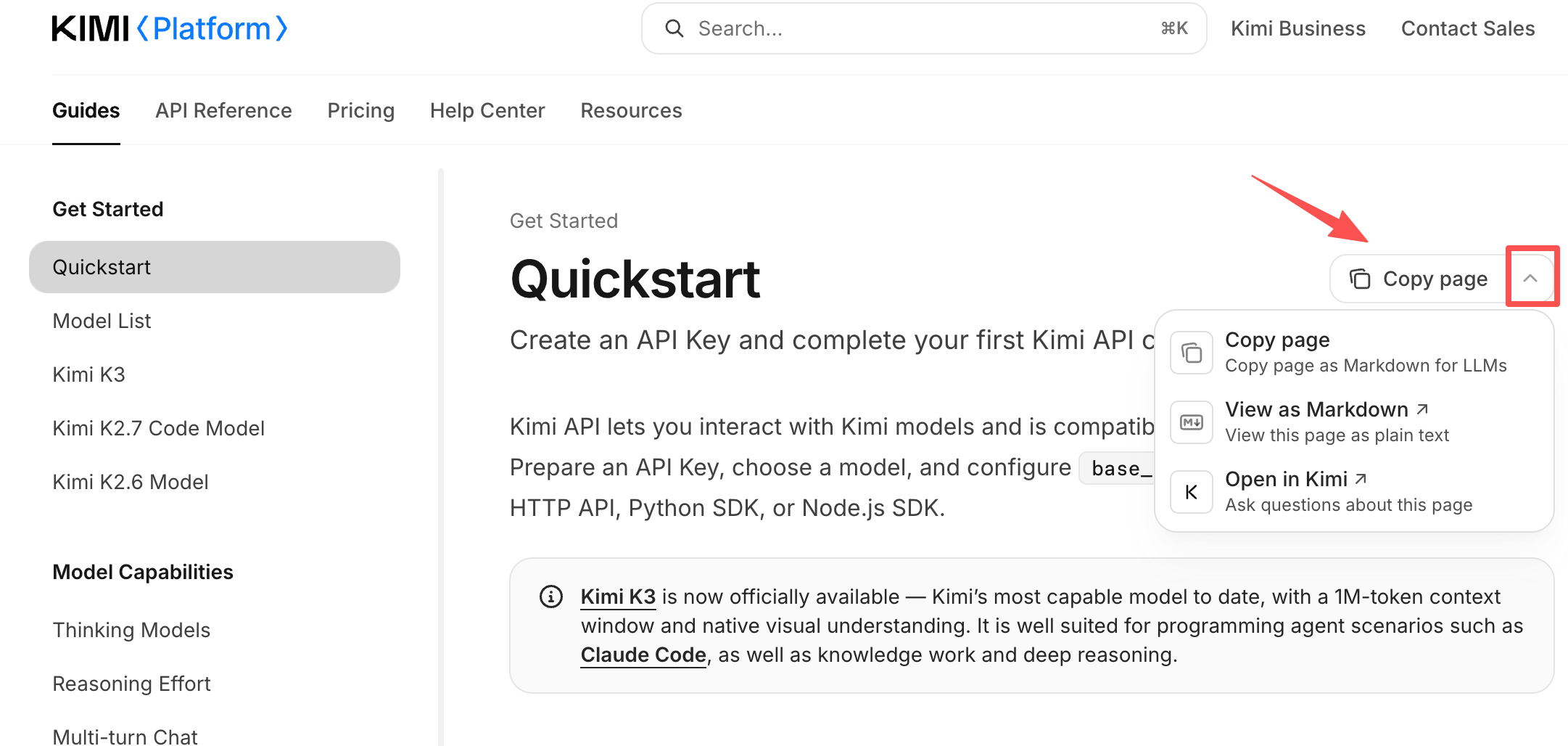 Copy page menu: Copy page, View as Markdown, and Open in Kimi
