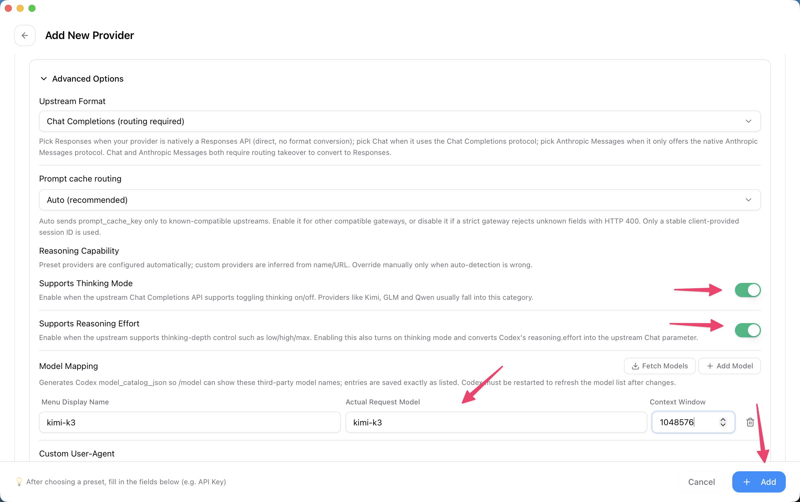 Configure the Kimi upstream format, reasoning capabilities, and model mapping