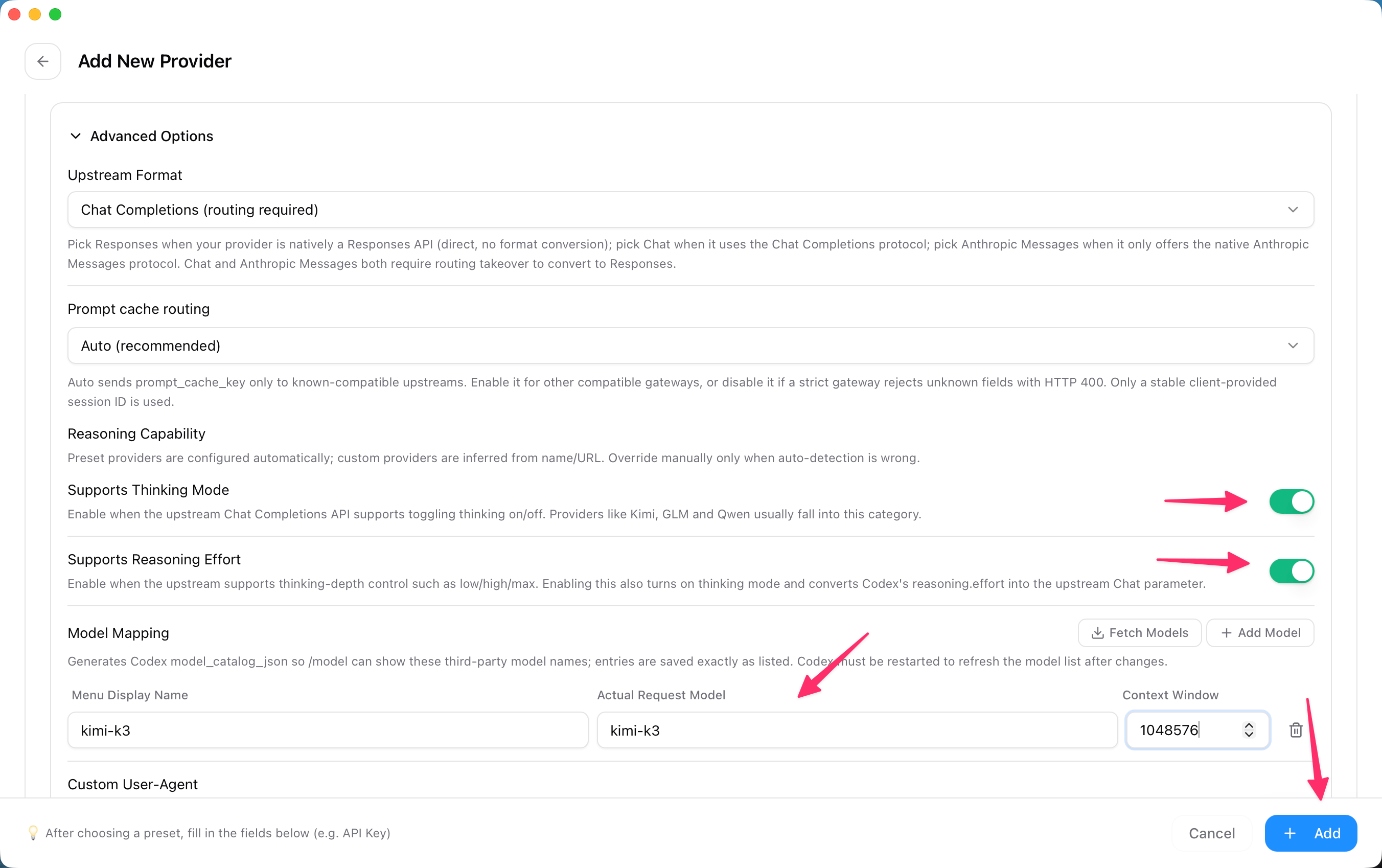 Configure the Kimi upstream format, reasoning capabilities, and model mapping