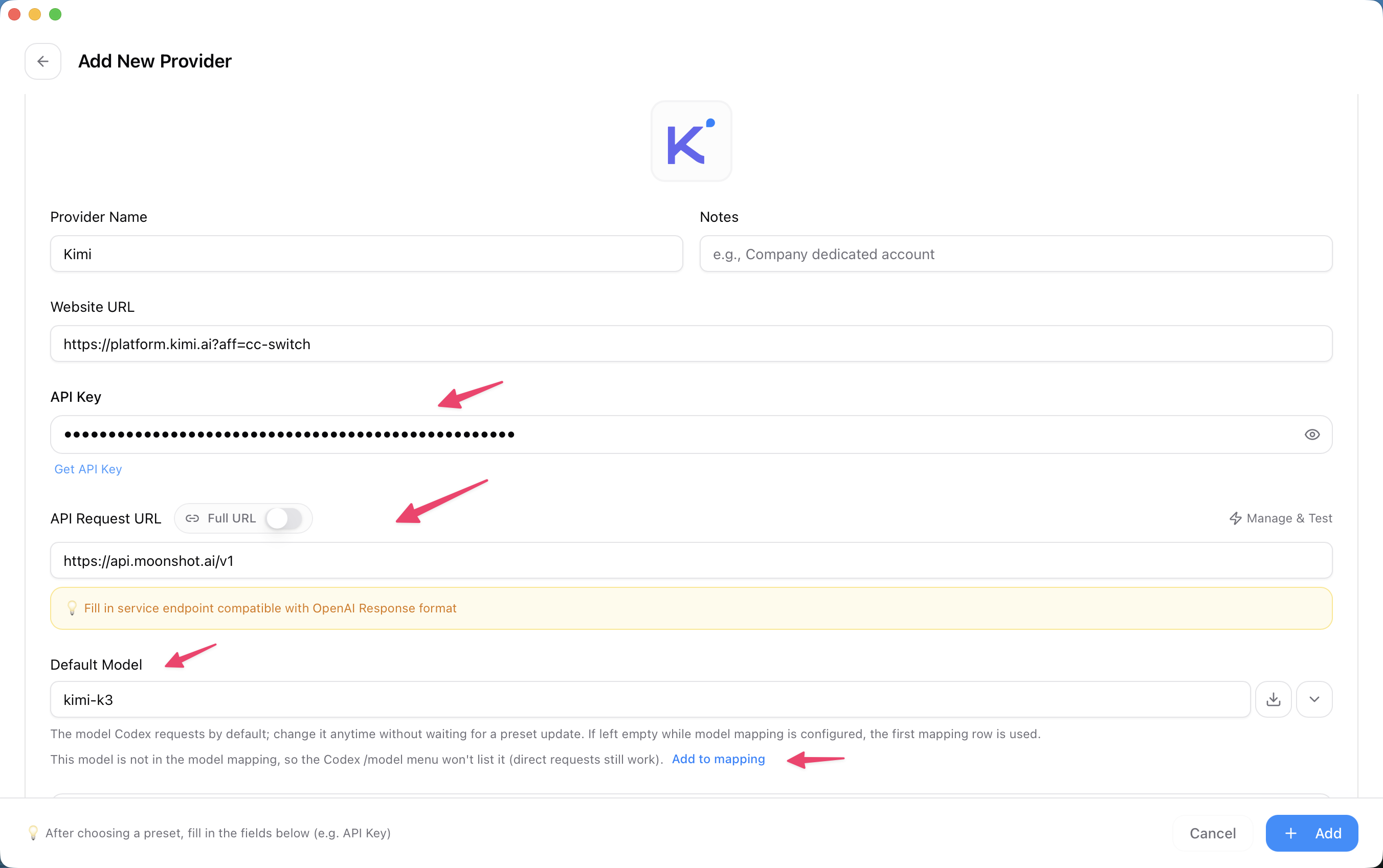Enter the Kimi API key, request URL, and default model
