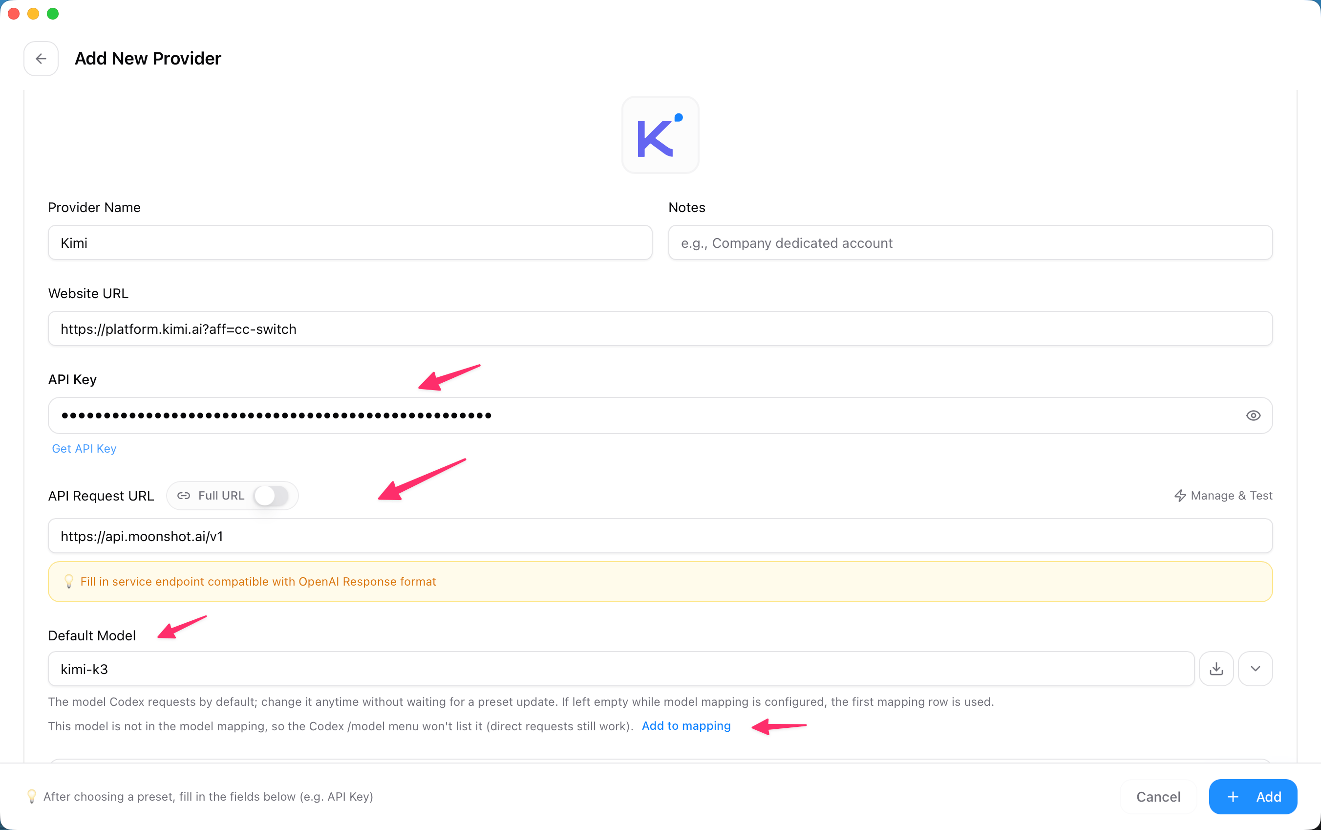 Enter the Kimi API key, request URL, and default model