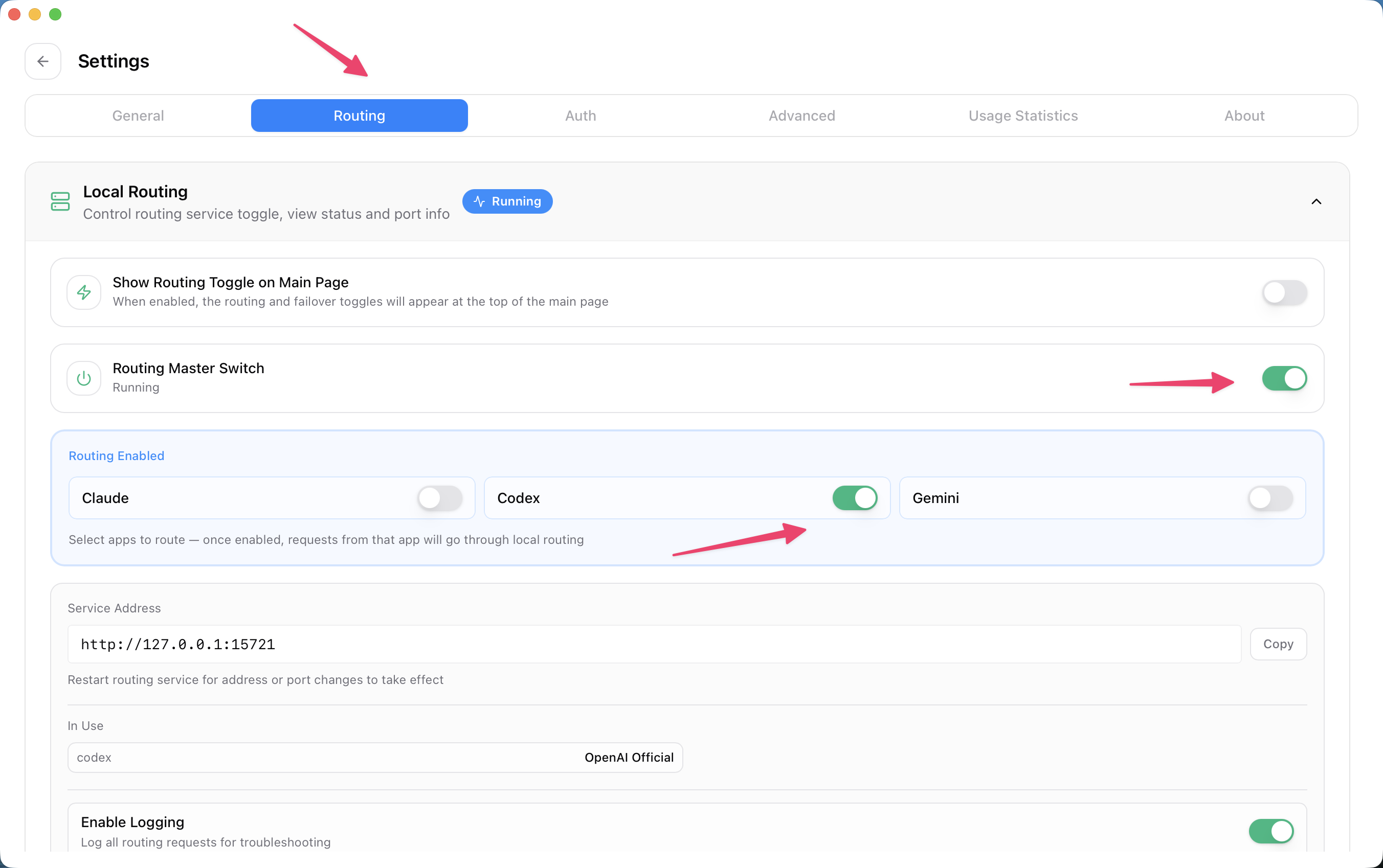 Enable CC Switch Local Routing and Codex routing