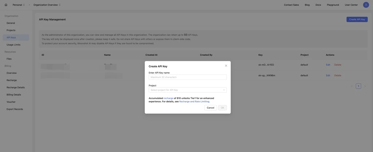 Create a Kimi API key