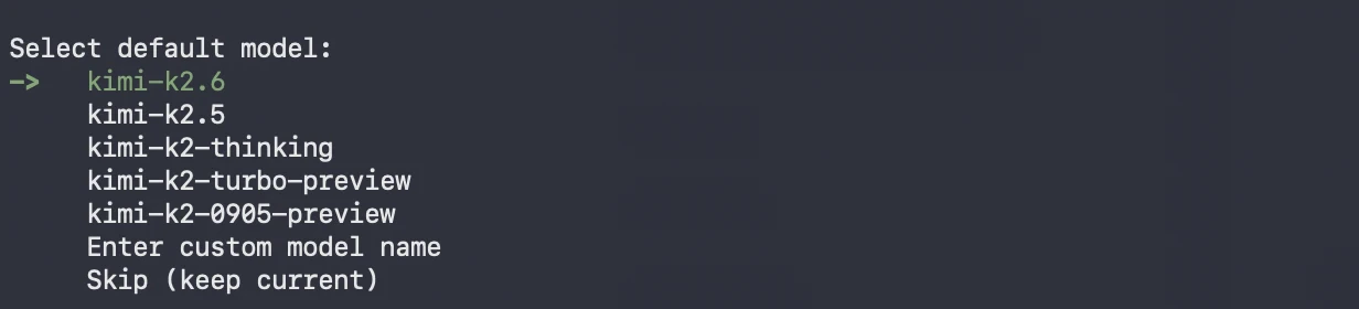 Select Kimi K2.6 as the default model