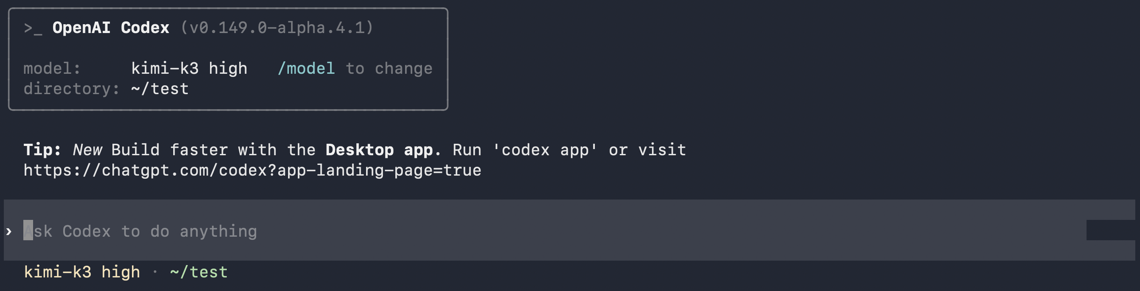Confirm kimi-k3 as the current model in Codex CLI