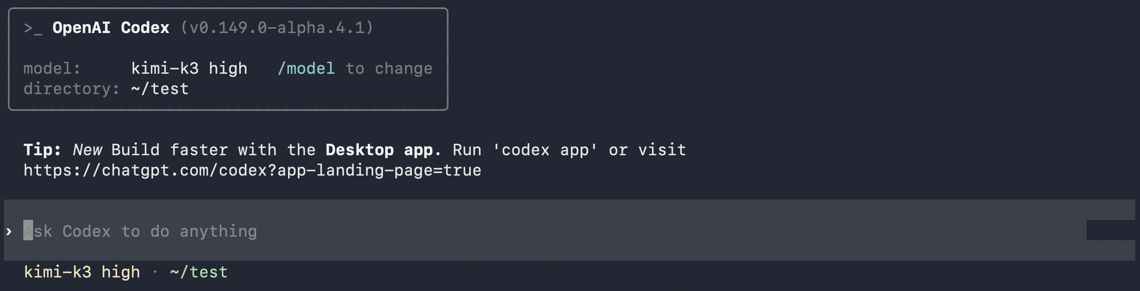 Confirm kimi-k3 as the current model in Codex CLI