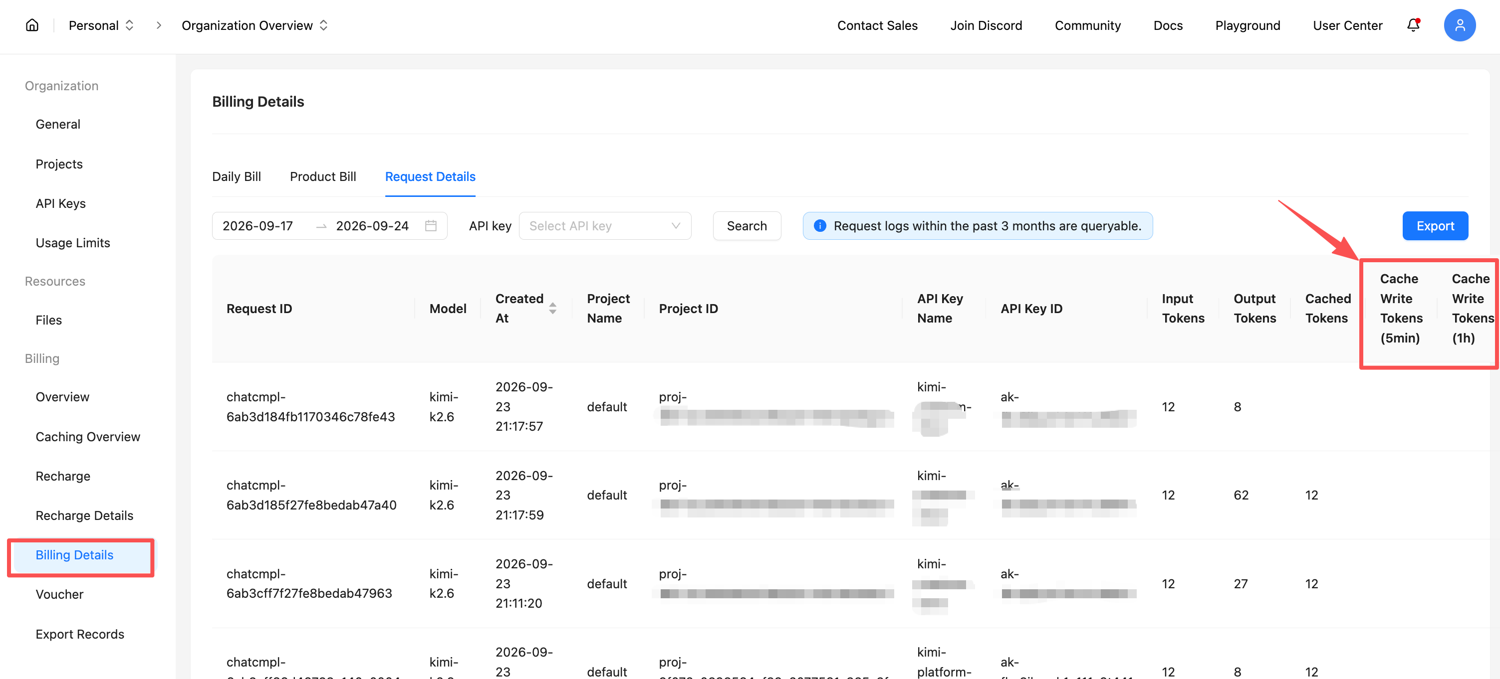 Cache Write Tokens columns in Request Details