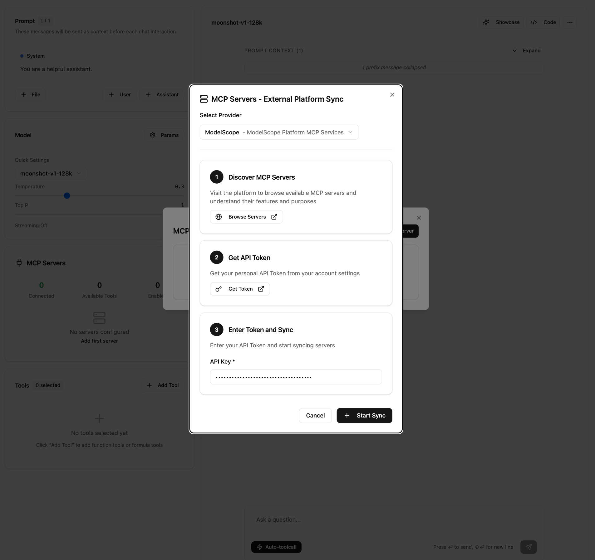 Configure ModelScope MCP Server in Playground - Kimi API Platform