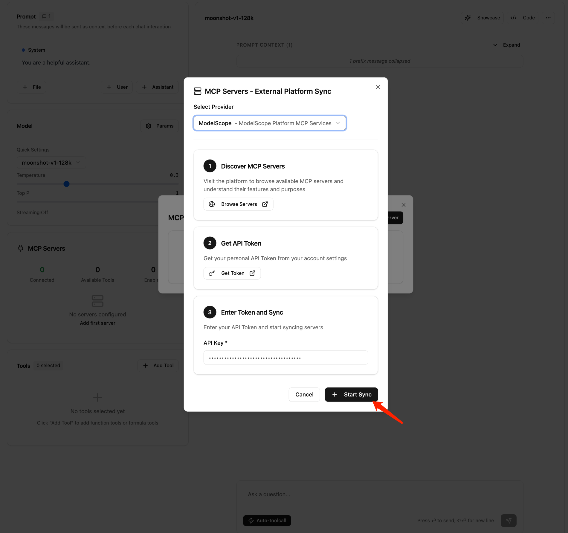 Configure ModelScope MCP Server in Playground - Kimi API Platform