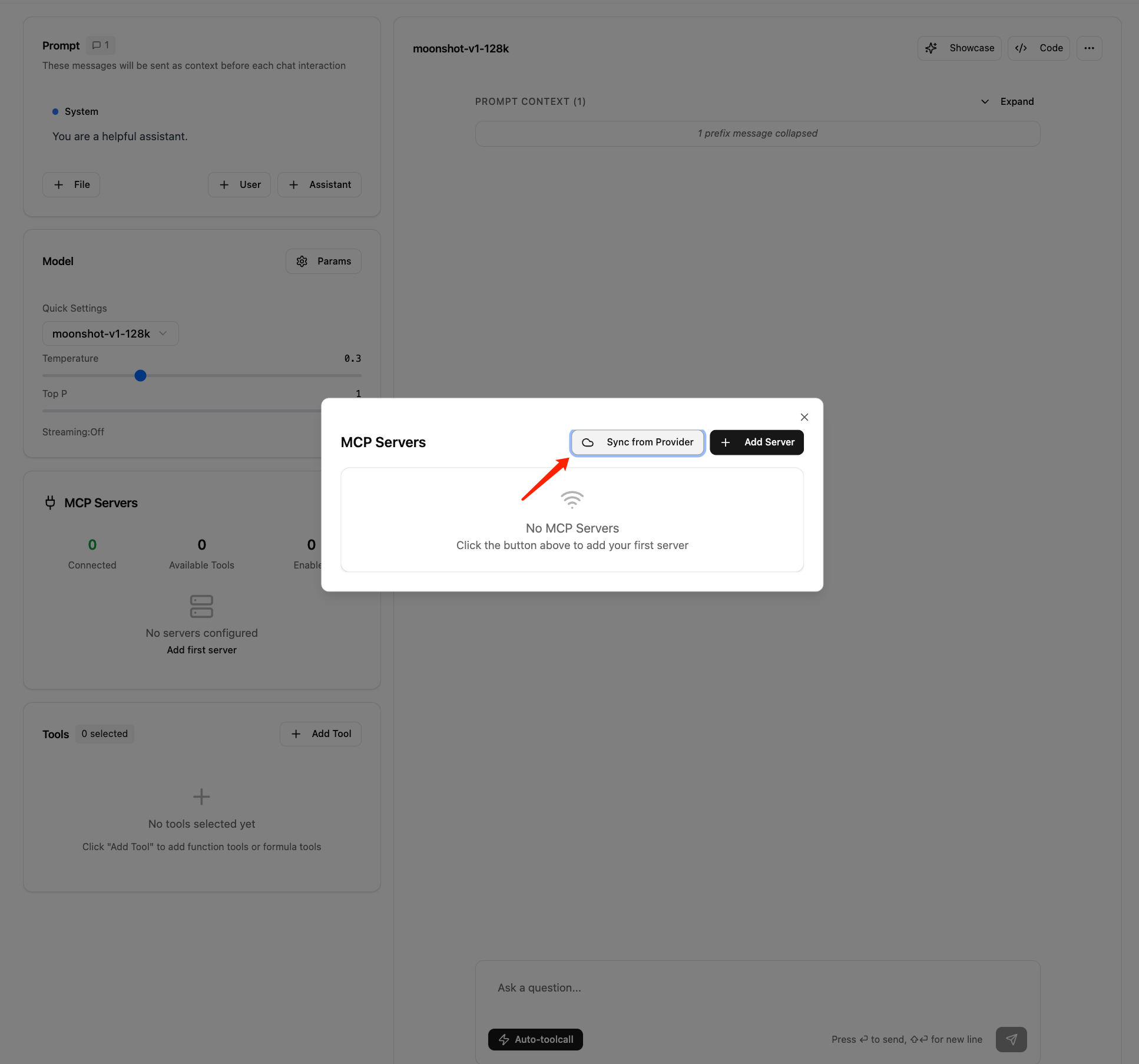Configure ModelScope MCP Server in Playground - Kimi API Platform