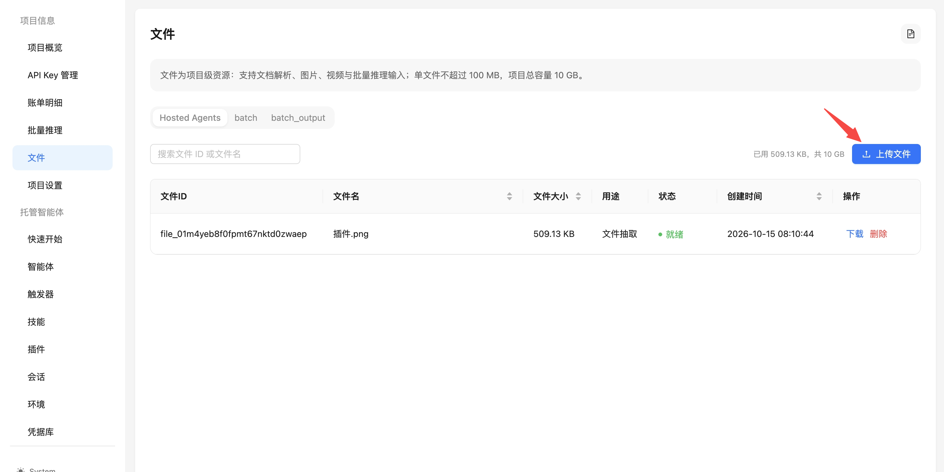 项目文件页的 Hosted Agents 标签页和上传文件入口