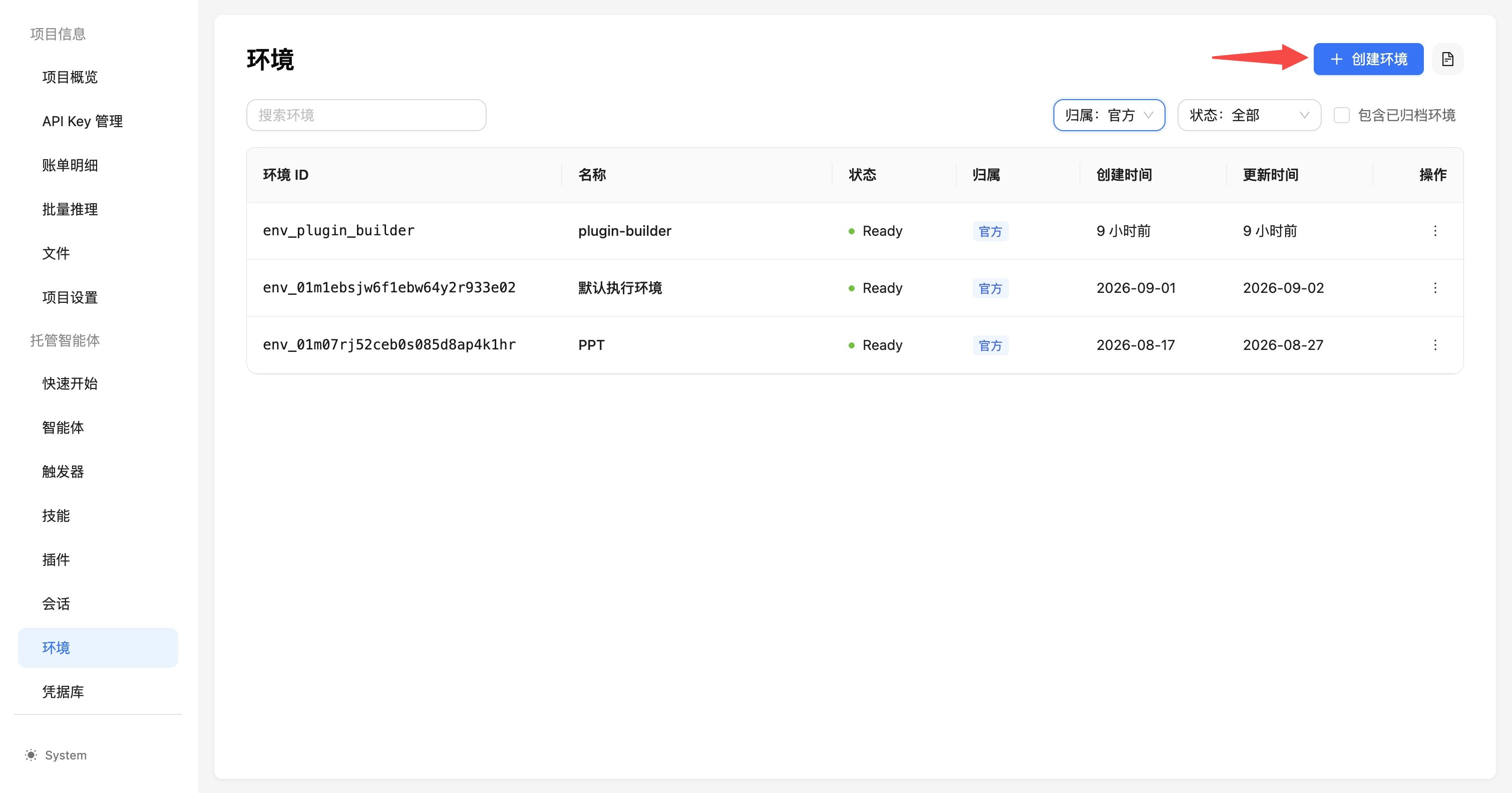 环境列表：点击右上角“创建环境”按钮