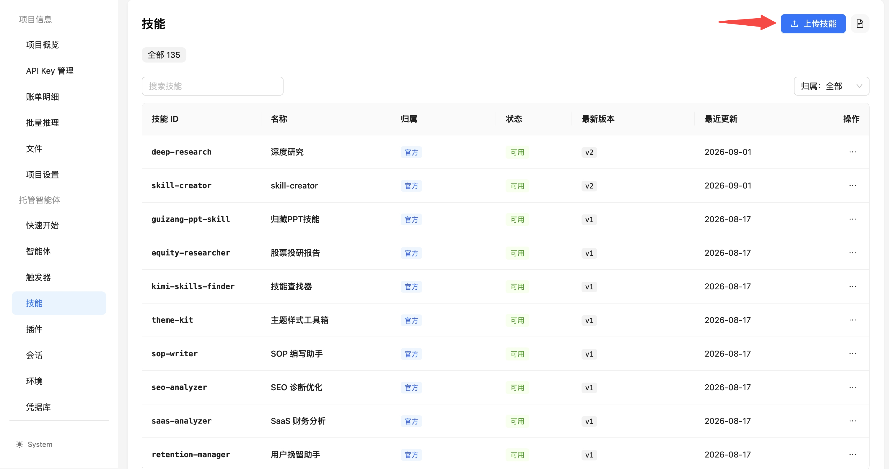 技能列表：点击右上角“上传技能”按钮