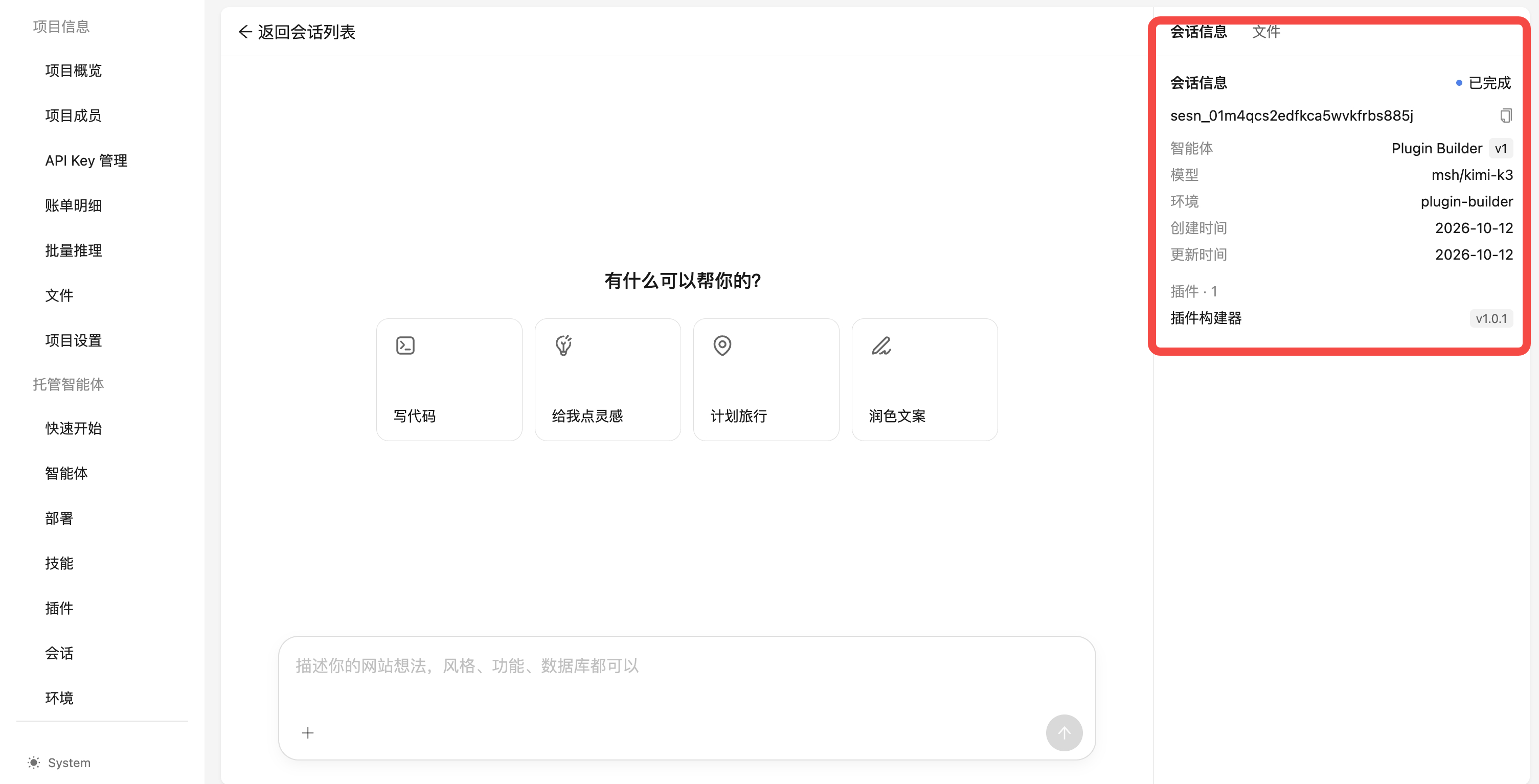 “会话信息”标签页:查看智能体、模型和环境信息