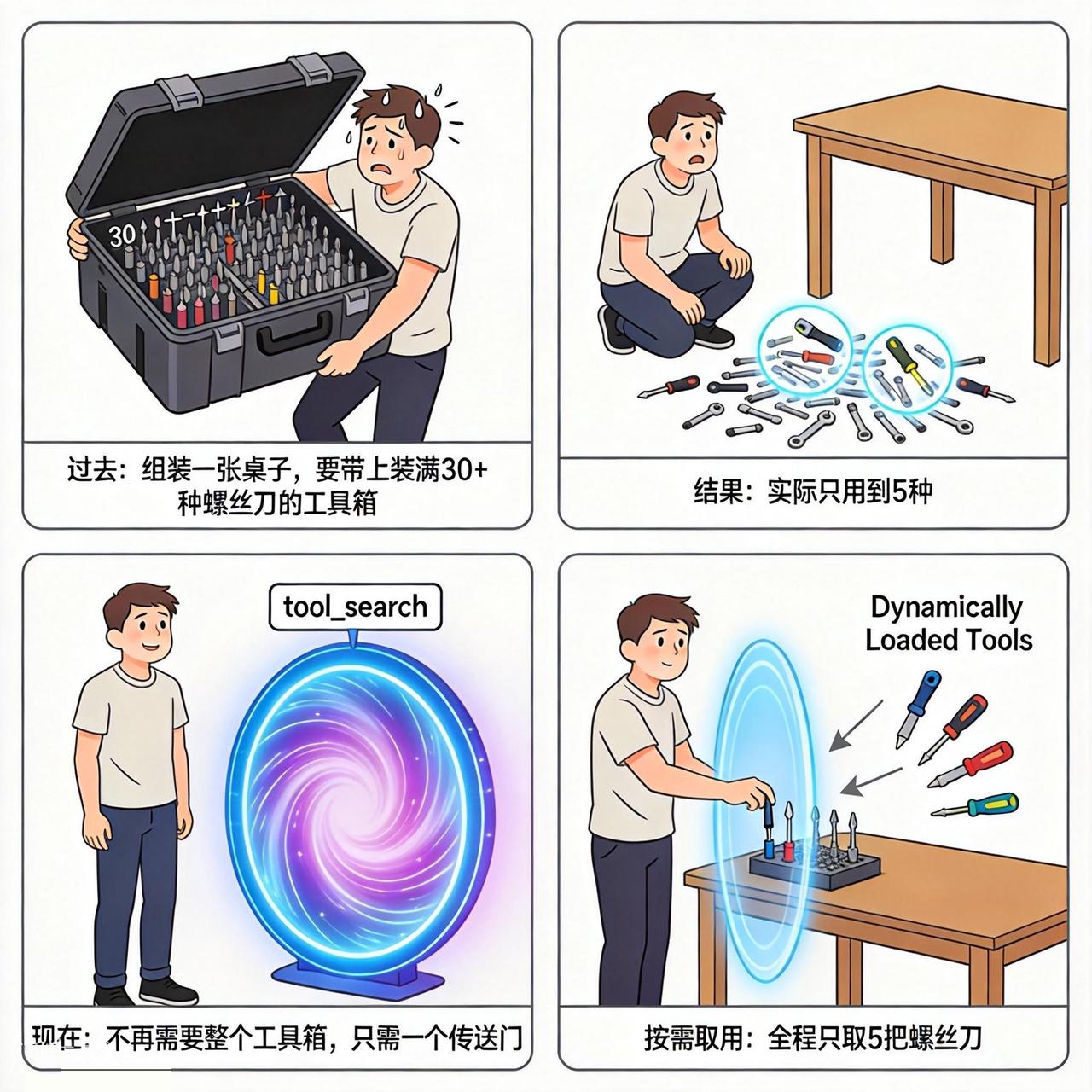 动态加载工具示意:从“带上整个工具箱”到“按需取用所需工具”