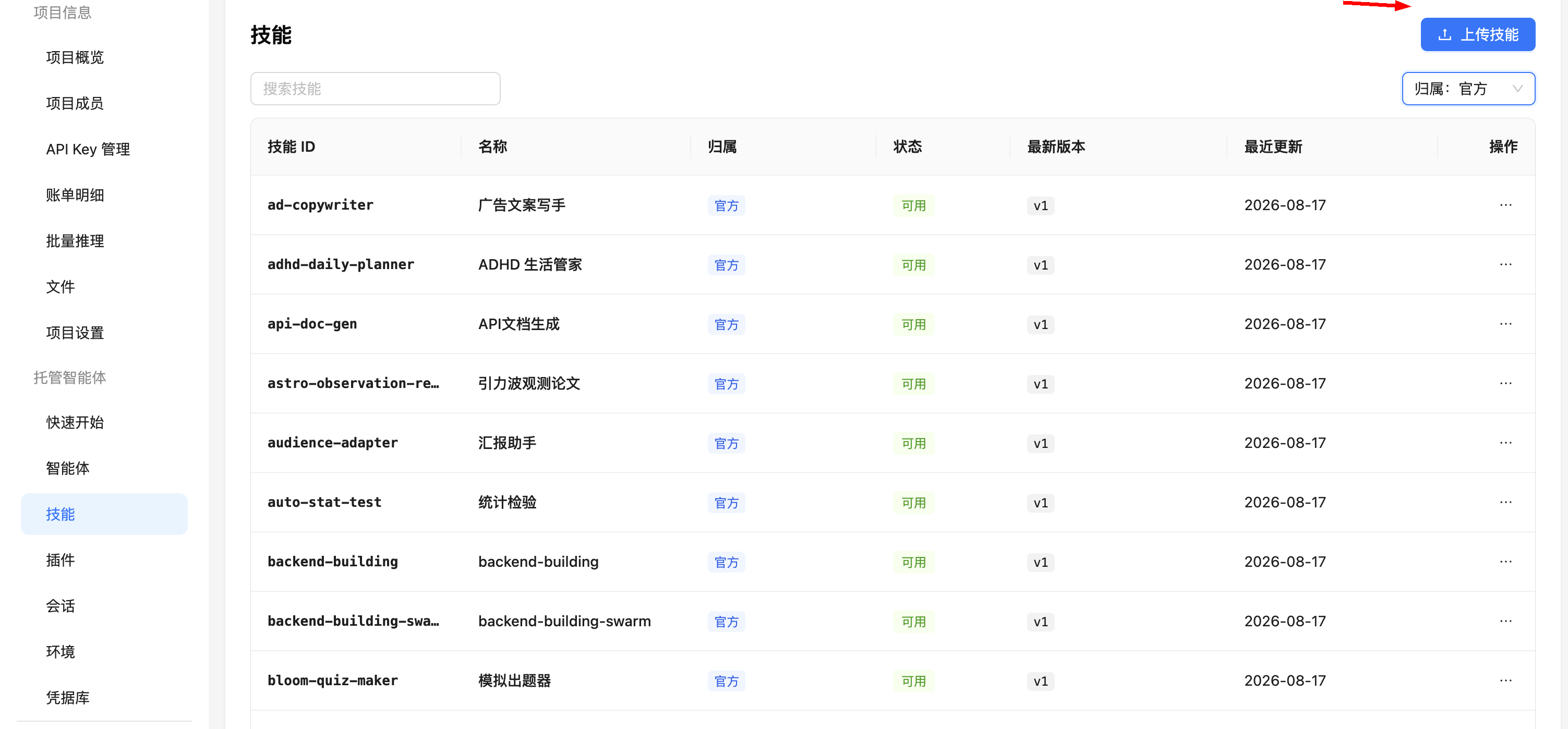 技能列表：点击右上角“上传技能”按钮