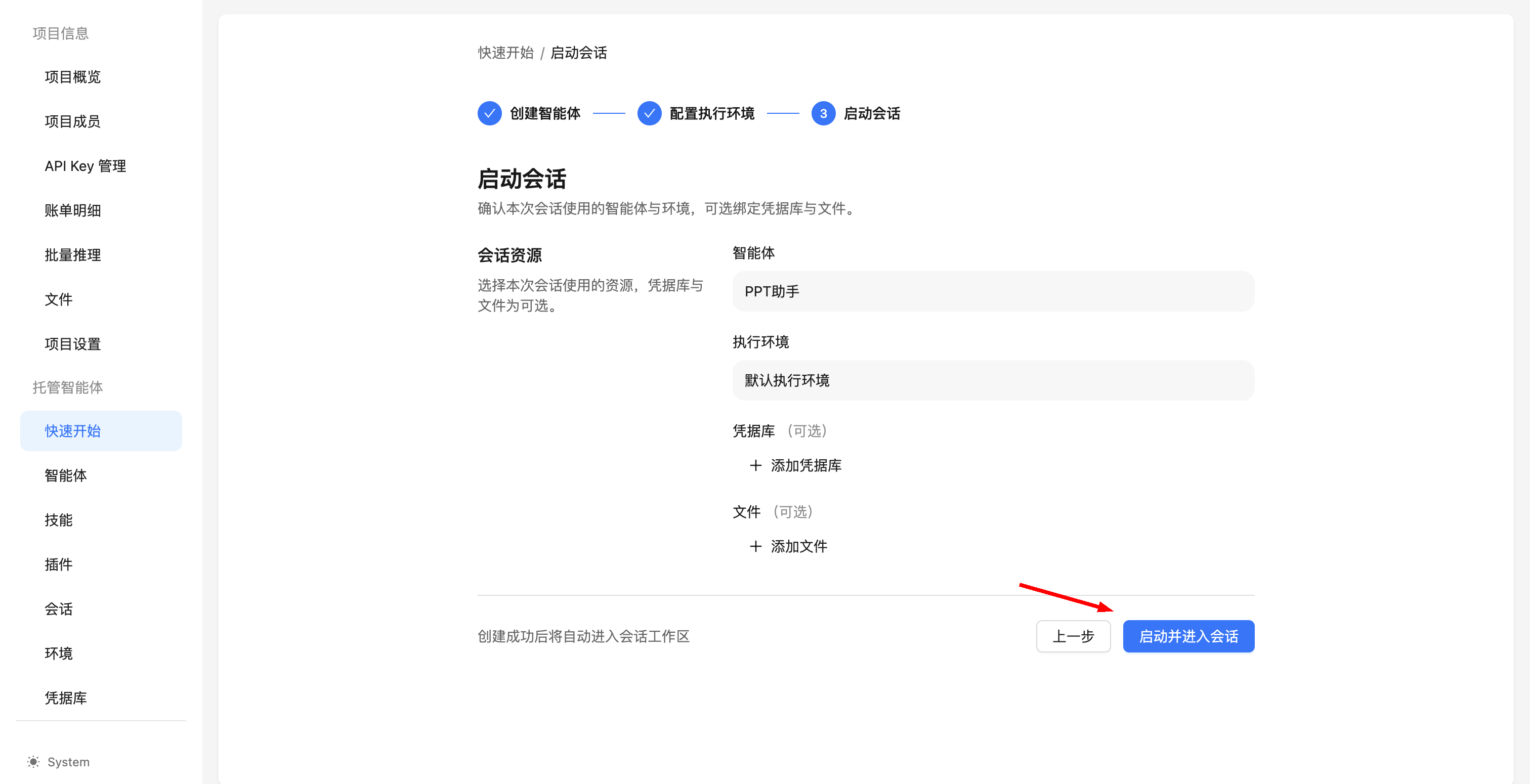 启动会话：确认资源并点击“启动并进入会话”