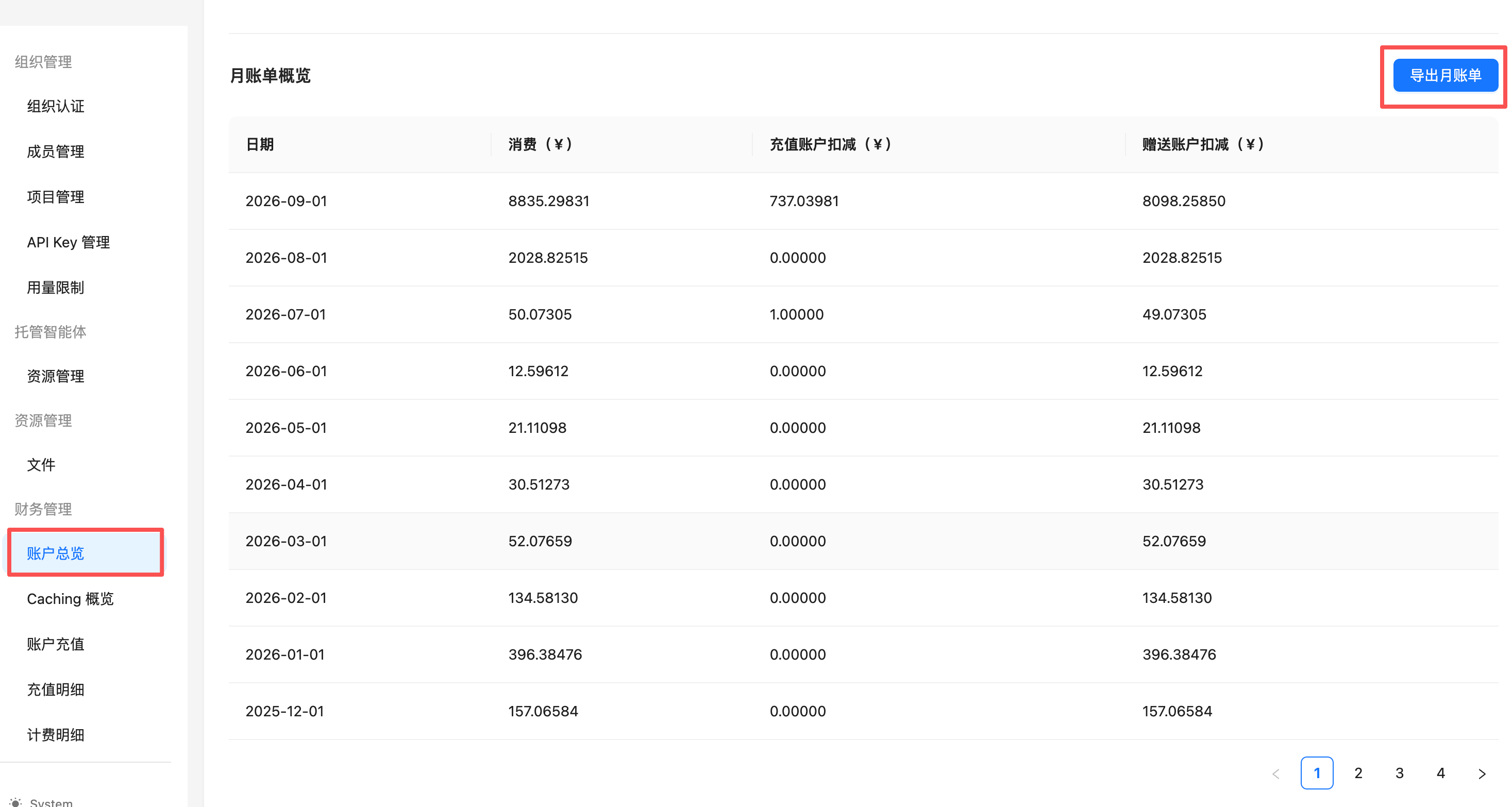 「账户总览」页面的月账单概览与导出入口