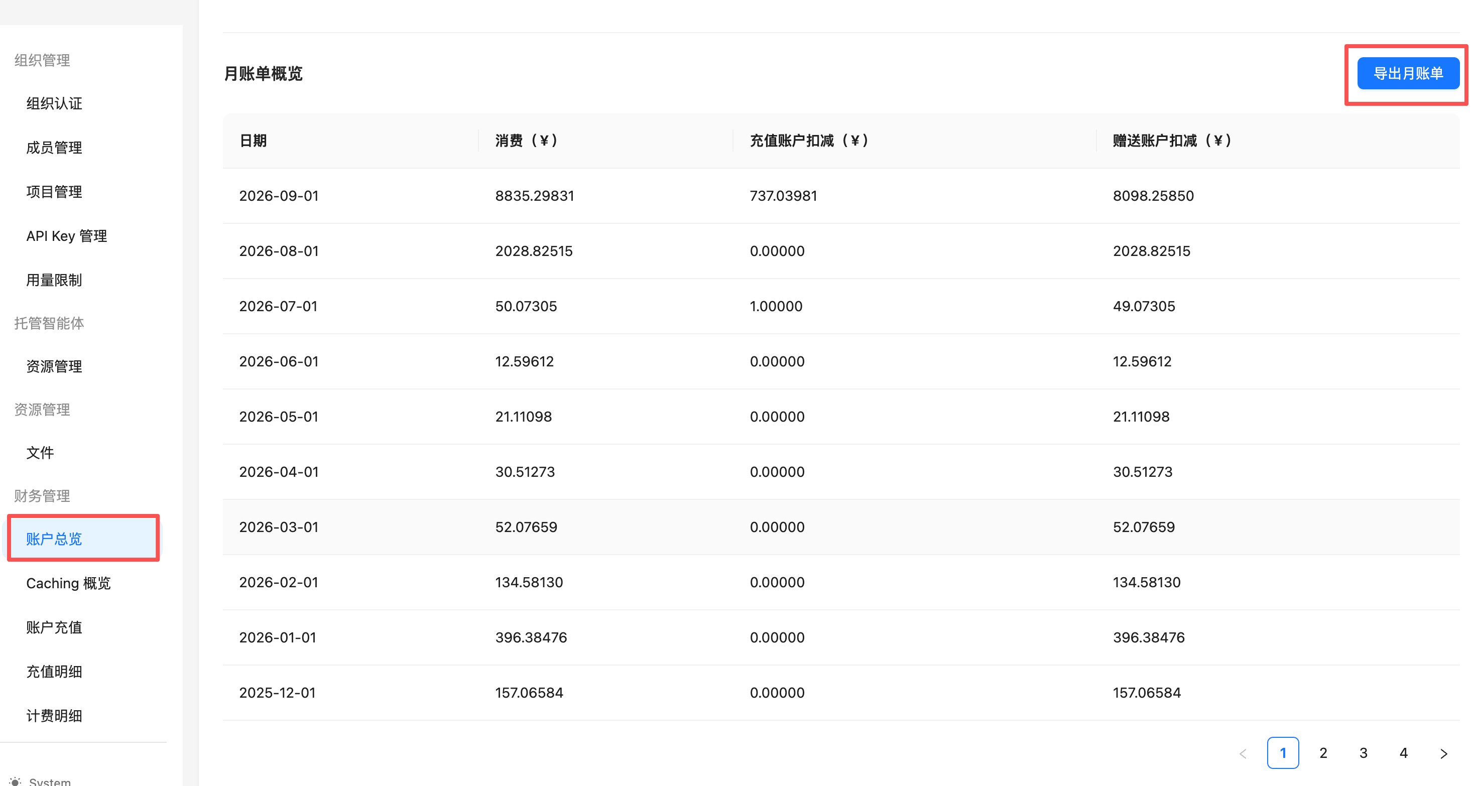 「账户总览」页面的月账单概览与导出入口