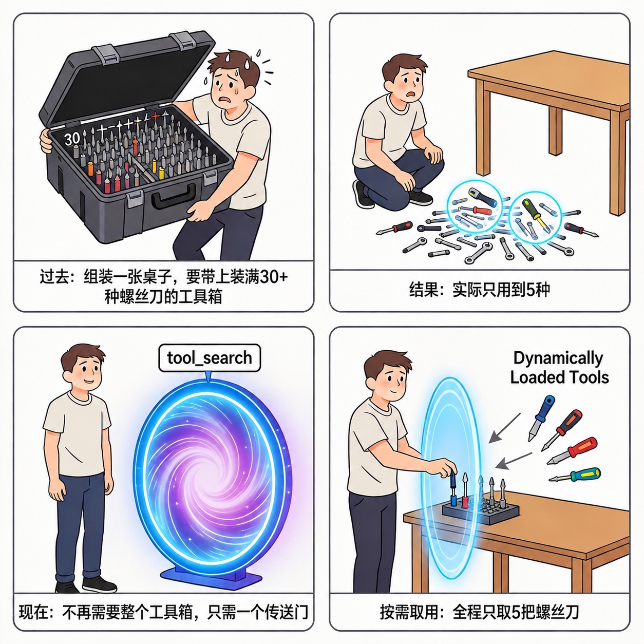 动态加载工具示意：从“带上整个工具箱”到“按需取用所需工具”