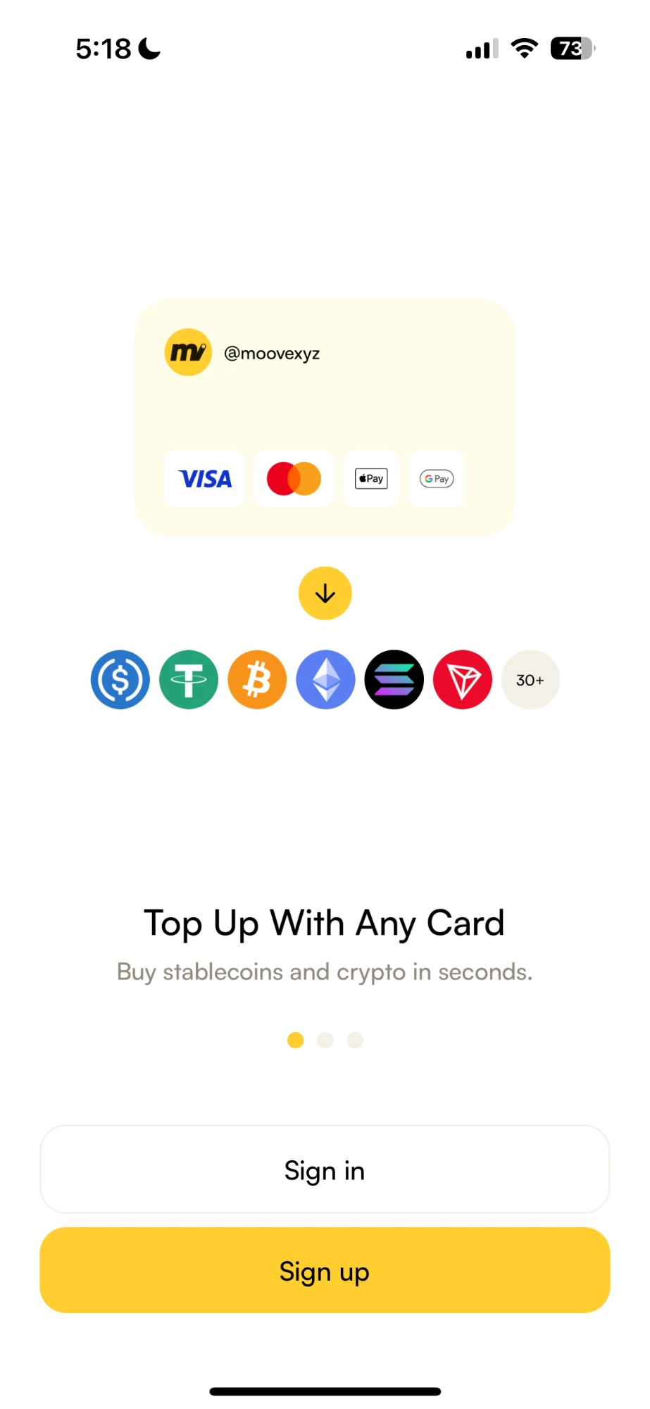 The Moove App welcome screen, with Sign in and Sign up buttons