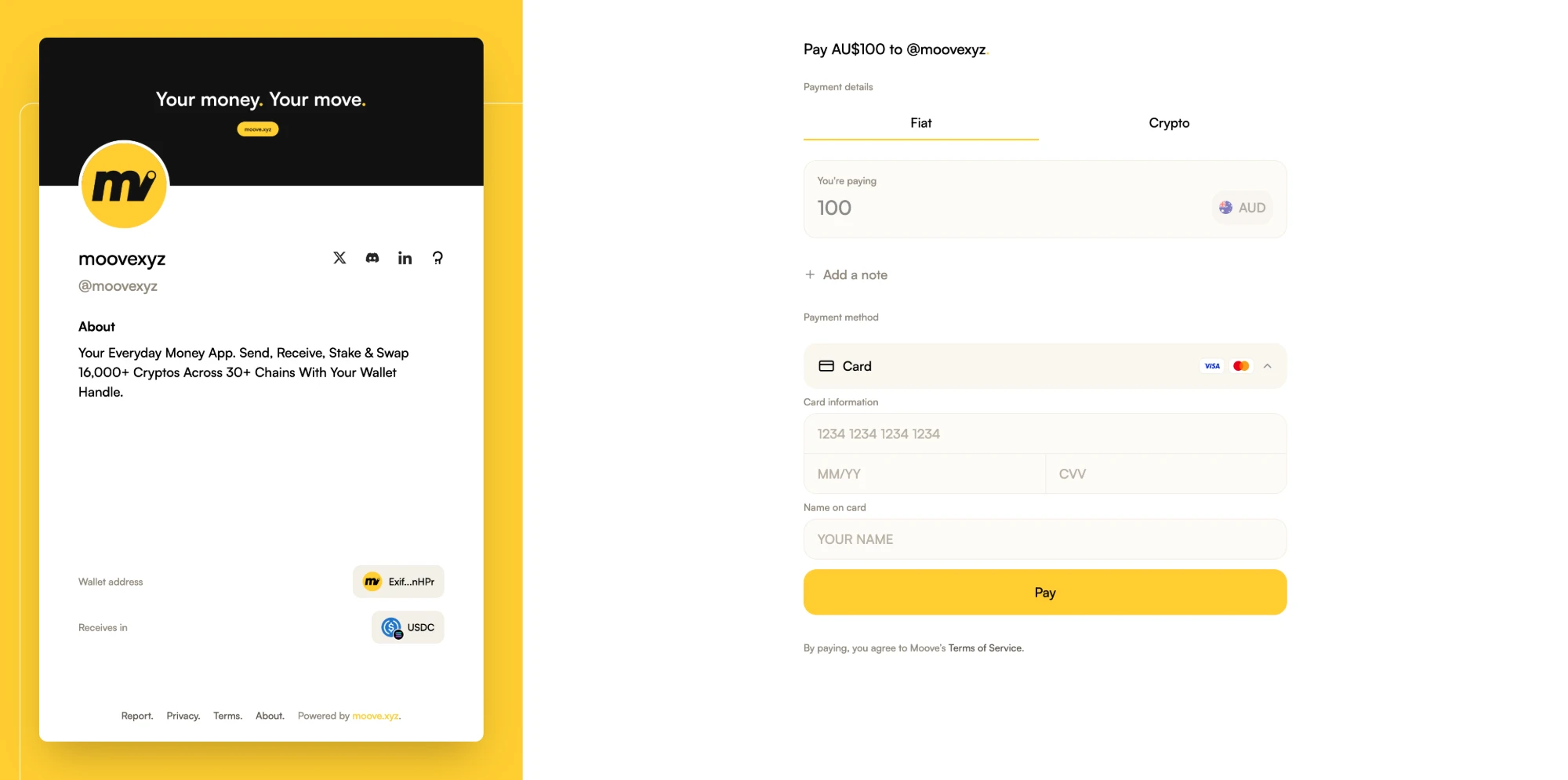 The card form on the checkout, with card number, expiry, CVV and name fields and a Pay button