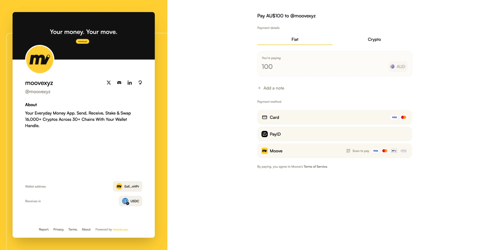 A payment link checkout for AU$100, showing Card, PayID and Moove as payment methods