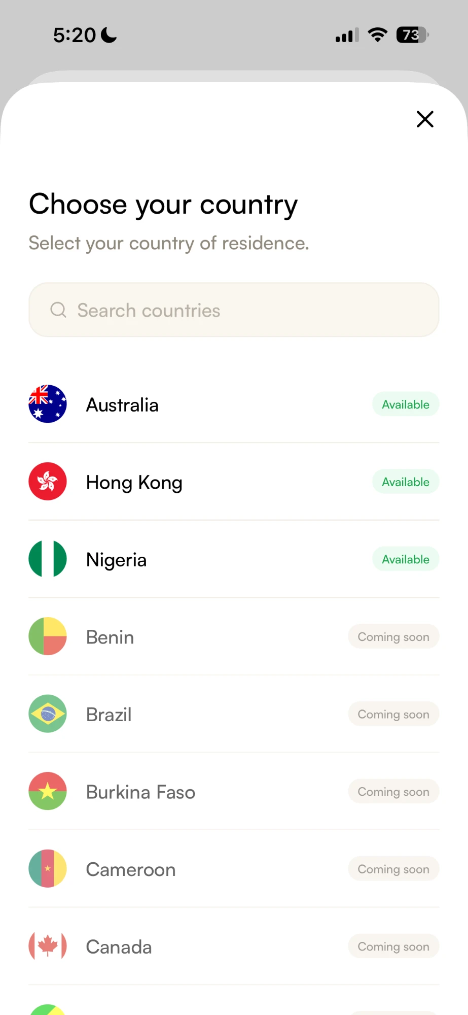 The Choose your country screen, with Australia, Hong Kong and Nigeria marked Available