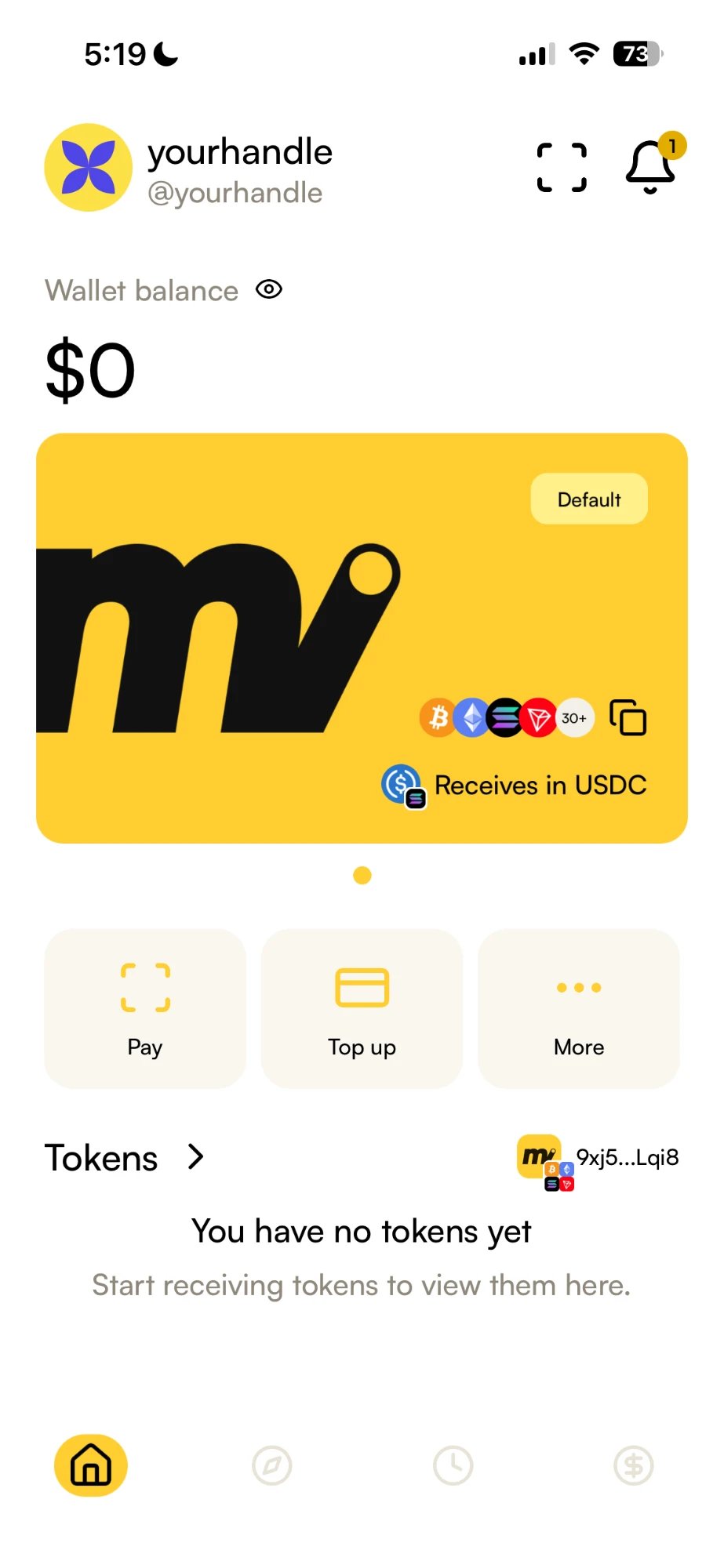 新账户的 Moove App 首页,显示钱包余额为零