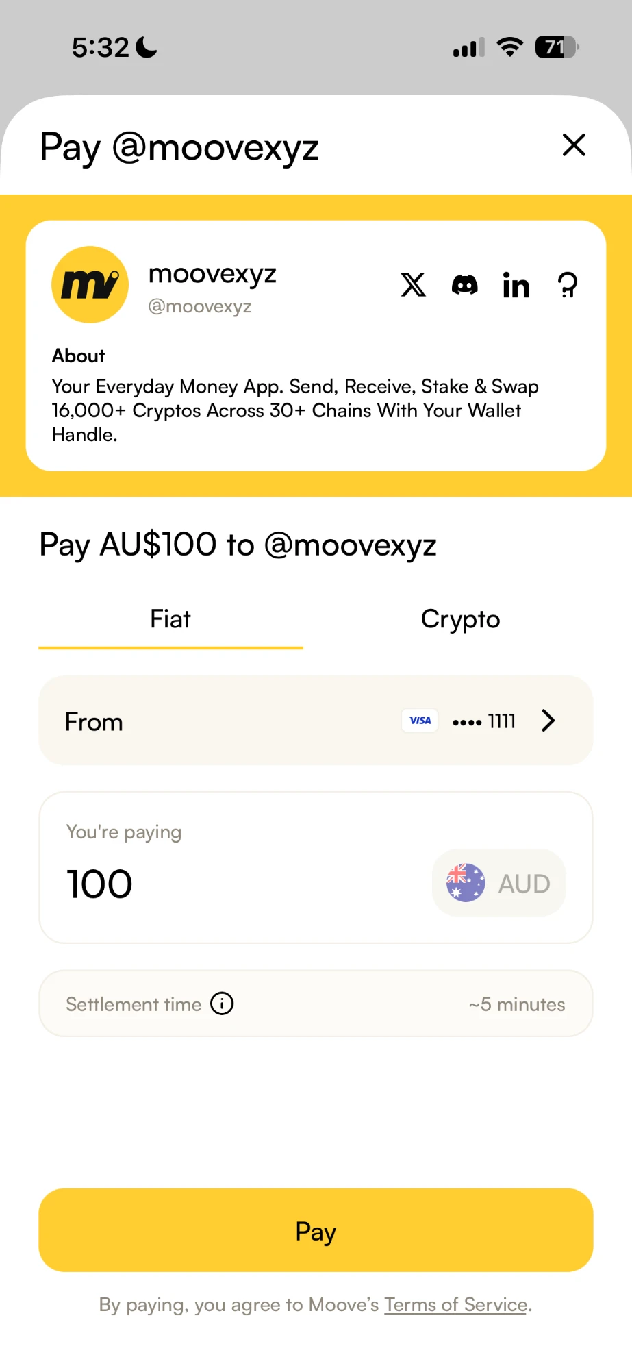 Paying AU$100 to @moovexyz in the Moove App, with a Visa card selected under From and a Pay button