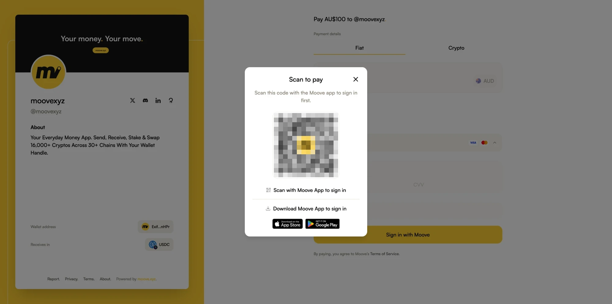 The Scan to pay dialog, with a sign-in code to scan with the Moove App