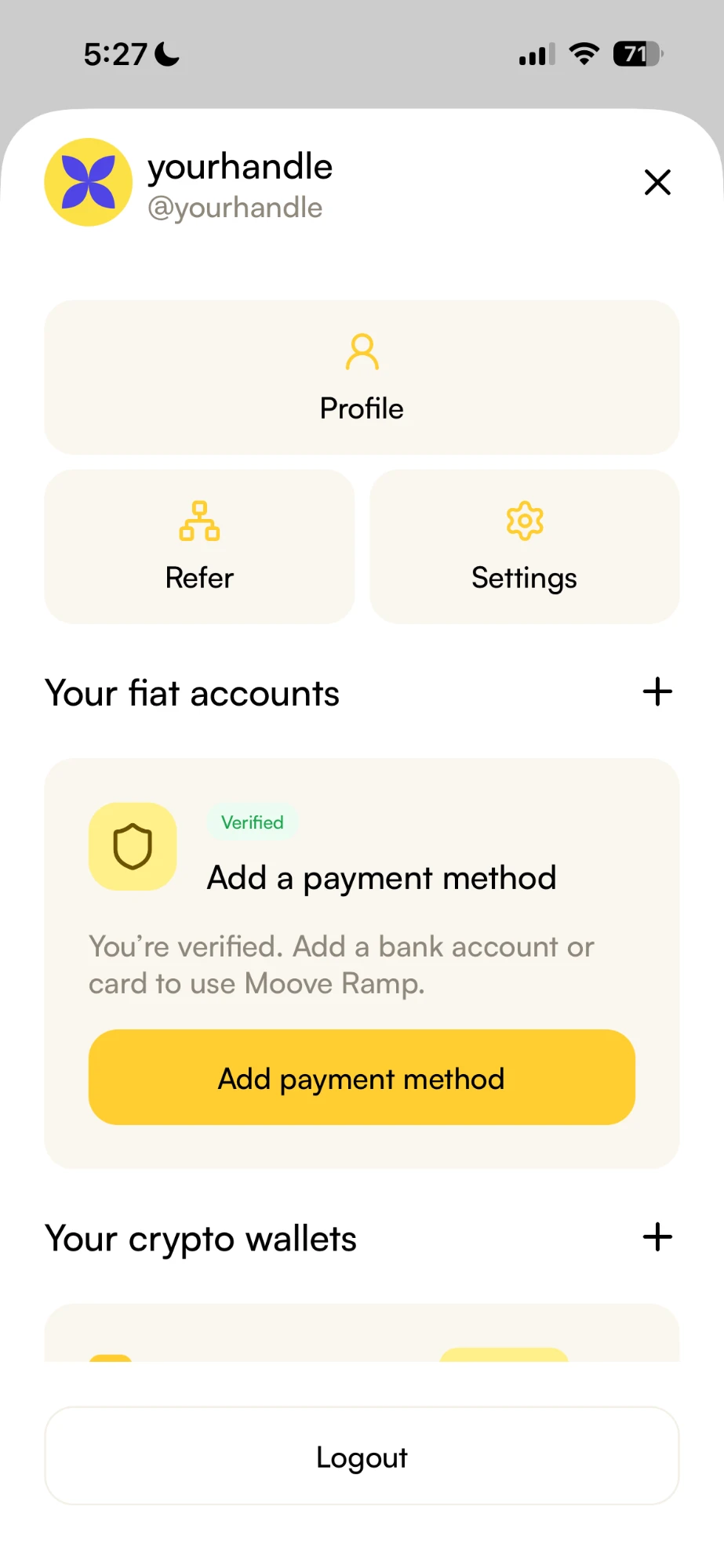 The account menu showing the Verified tag and an Add payment method button