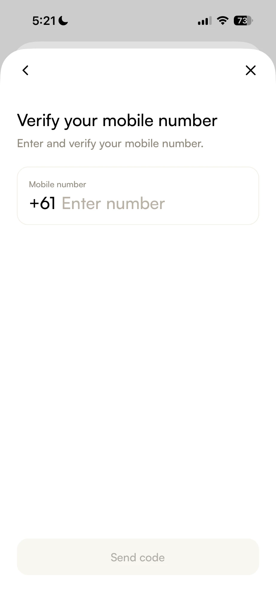 The Verify your mobile number screen with the +61 dialling code filled in