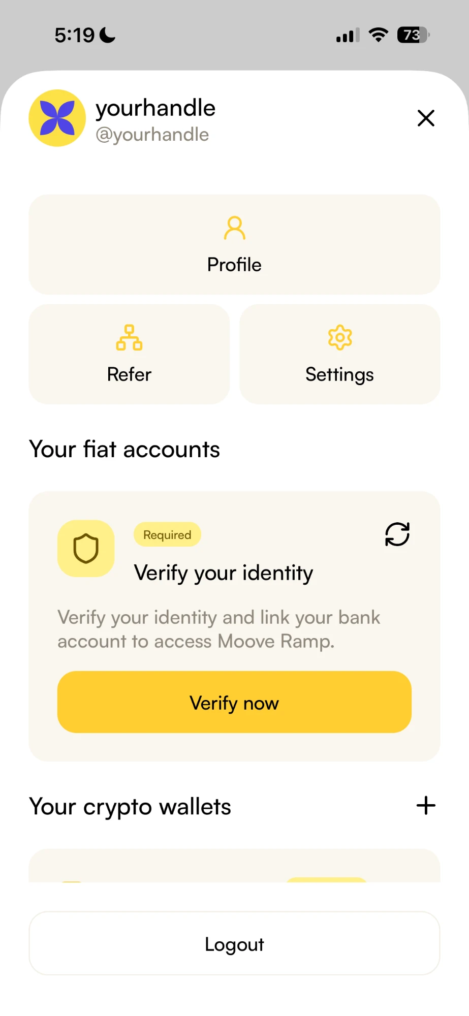 The account menu, with Verify your identity marked Required and a Verify now button