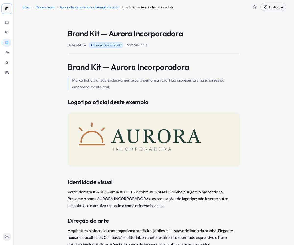 Brand Kit — Aurora Incorporadora page in Brain, showing navigation, logo, and brand colors