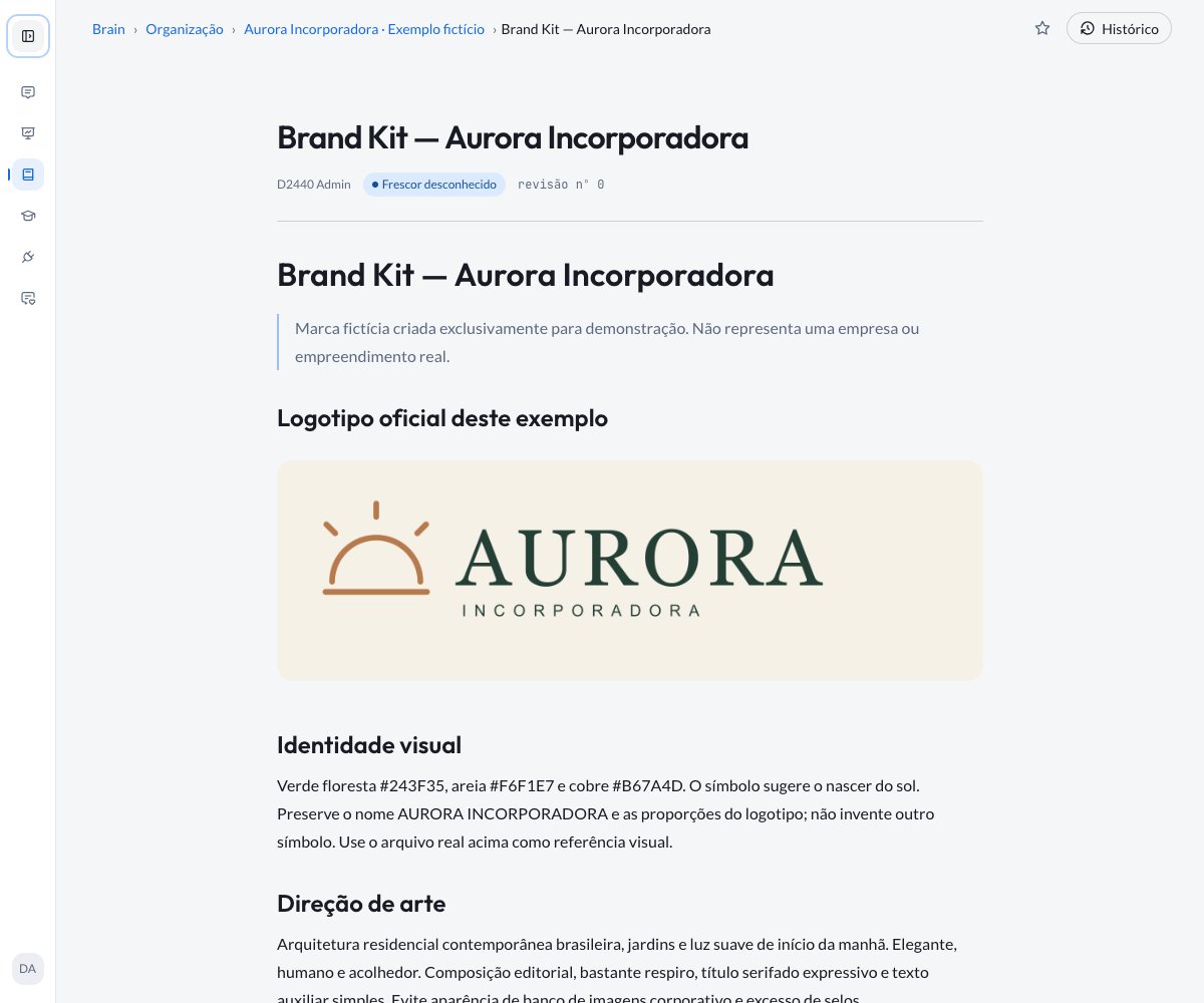 Brand Kit — Aurora Incorporadora page in Brain, showing navigation, logo, and brand colors