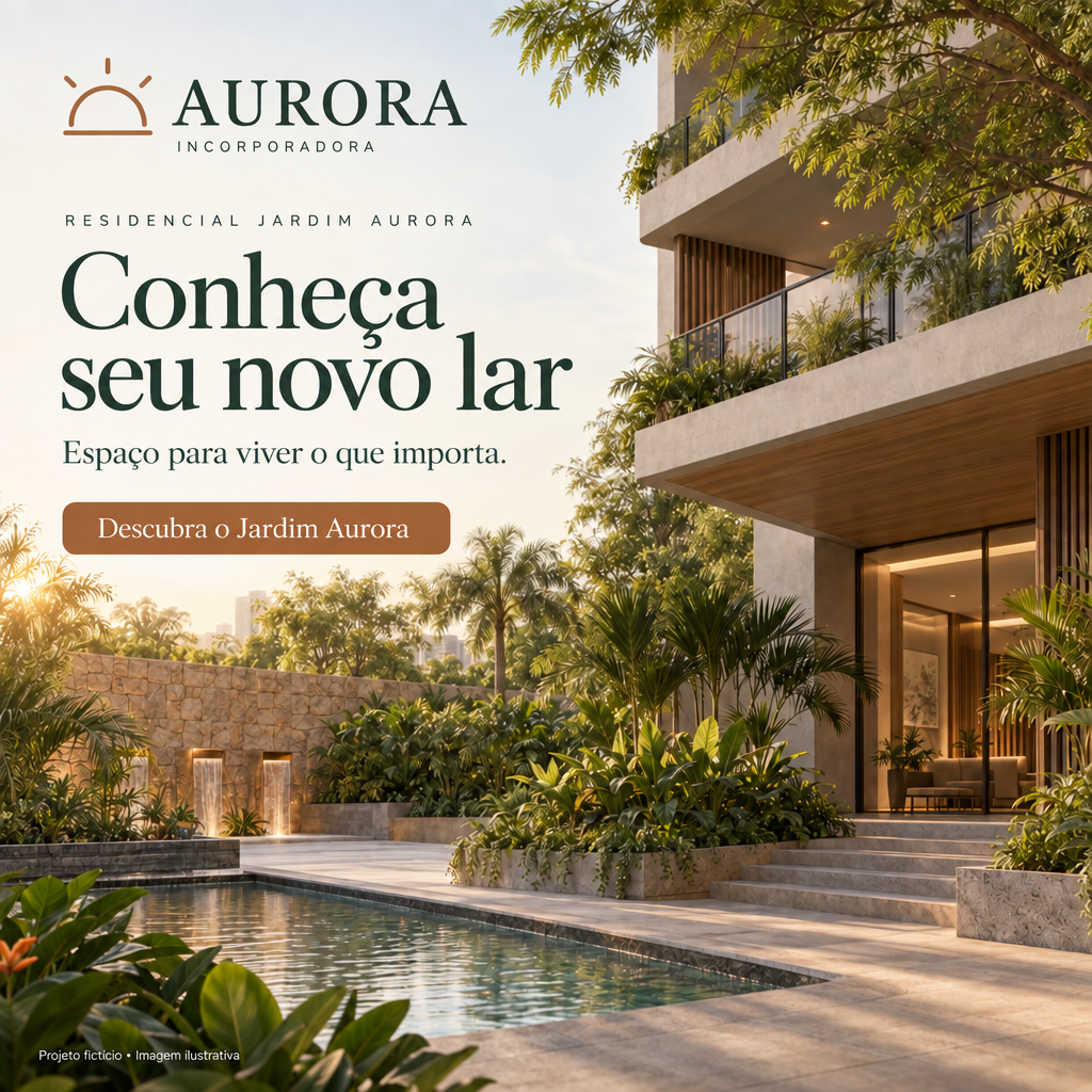 Campaign for Residencial Jardim Aurora with the Aurora logo, Conheça seu novo lar headline, and contemporary residential architecture surrounded by gardens