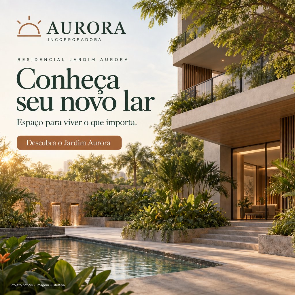 Campaign for Residencial Jardim Aurora with the Aurora logo, Conheça seu novo lar headline, and contemporary residential architecture surrounded by gardens