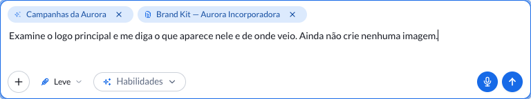 Message box with Campanhas da Aurora and Brand Kit — Aurora Incorporadora selected, and a request to examine the logo